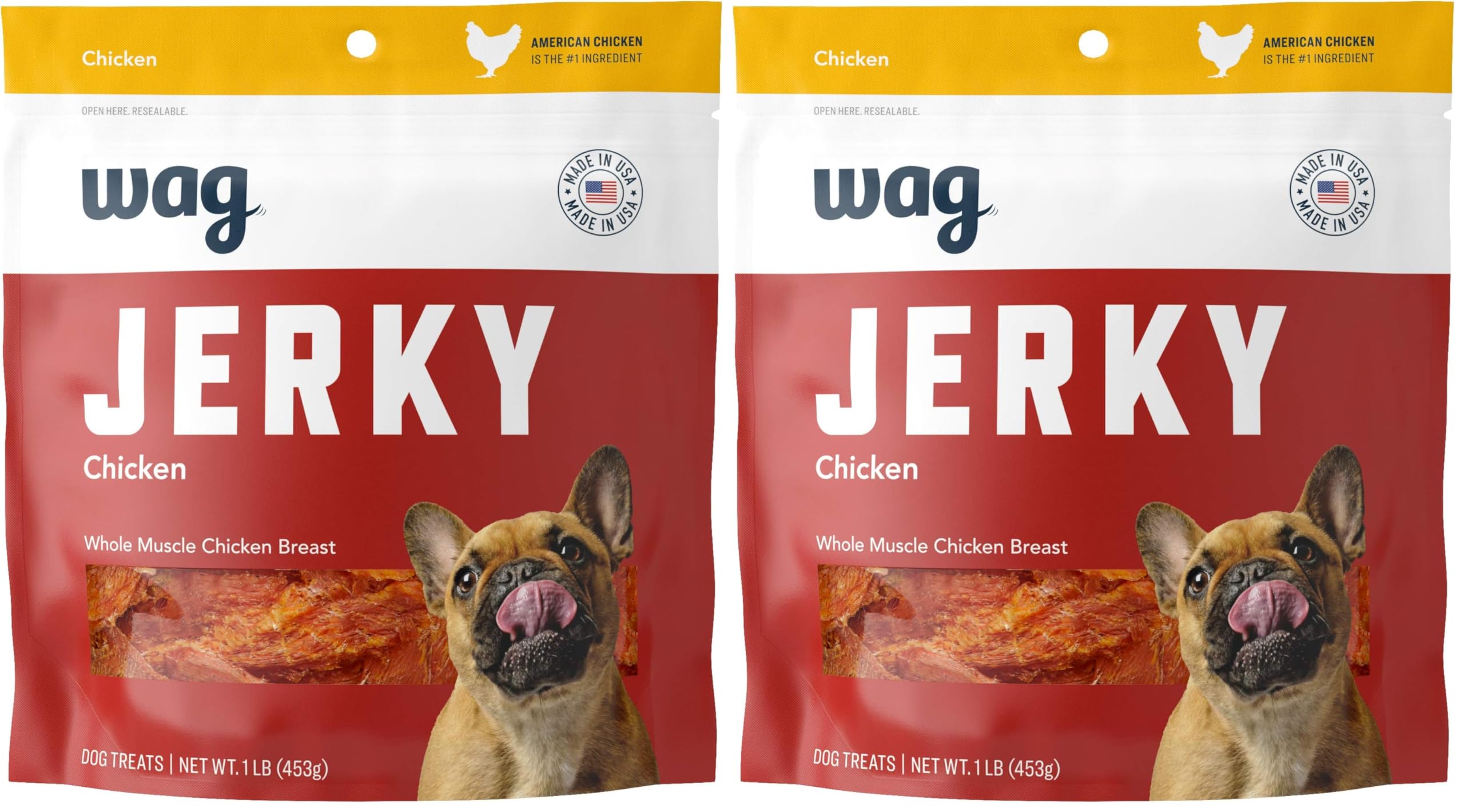Amazon Brand – Wag Chewy Whole Muscle American Jerky Made in USA Dog Treats – Chicken (1 lb), Grain Free (Pack of 2)