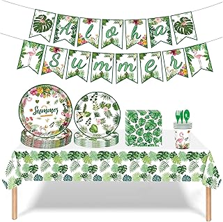 Auch Hawaiian Party Decorations, Tropical Party Supplies Including Table Cloth, Plates, Napkins, Cups, Cutlery and Tablecloth, Birthday Banner for Birthday Party Decorations Serves for 16, 16 Guests, 98 Pieces