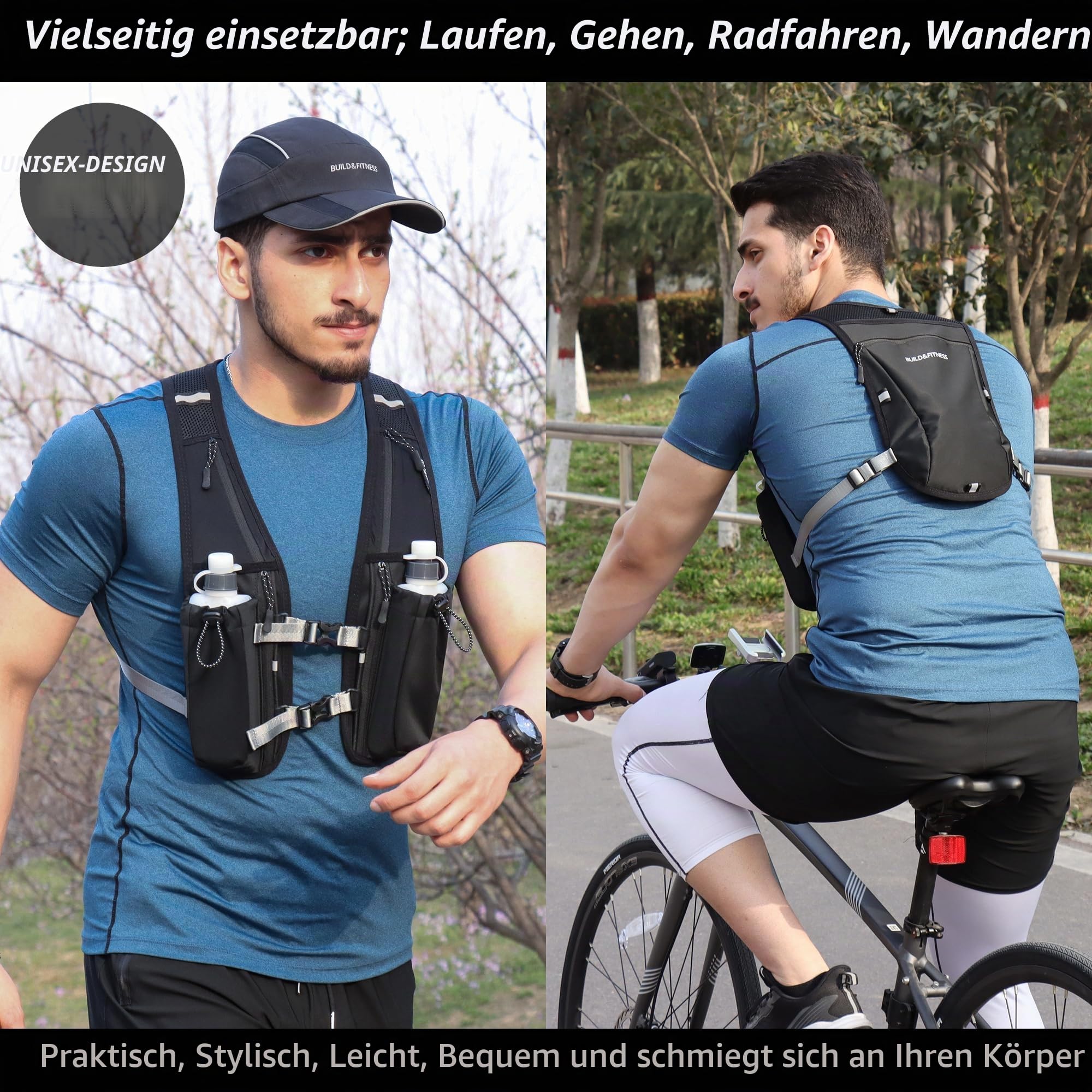 Lauf-Trinkweste für Damen und Herren. Reflektierend, 8 Taschen, schnell trocknend, 1.5L, Verstellbarer Rucksack für Läufe, Radfahren, Trails, Marathons