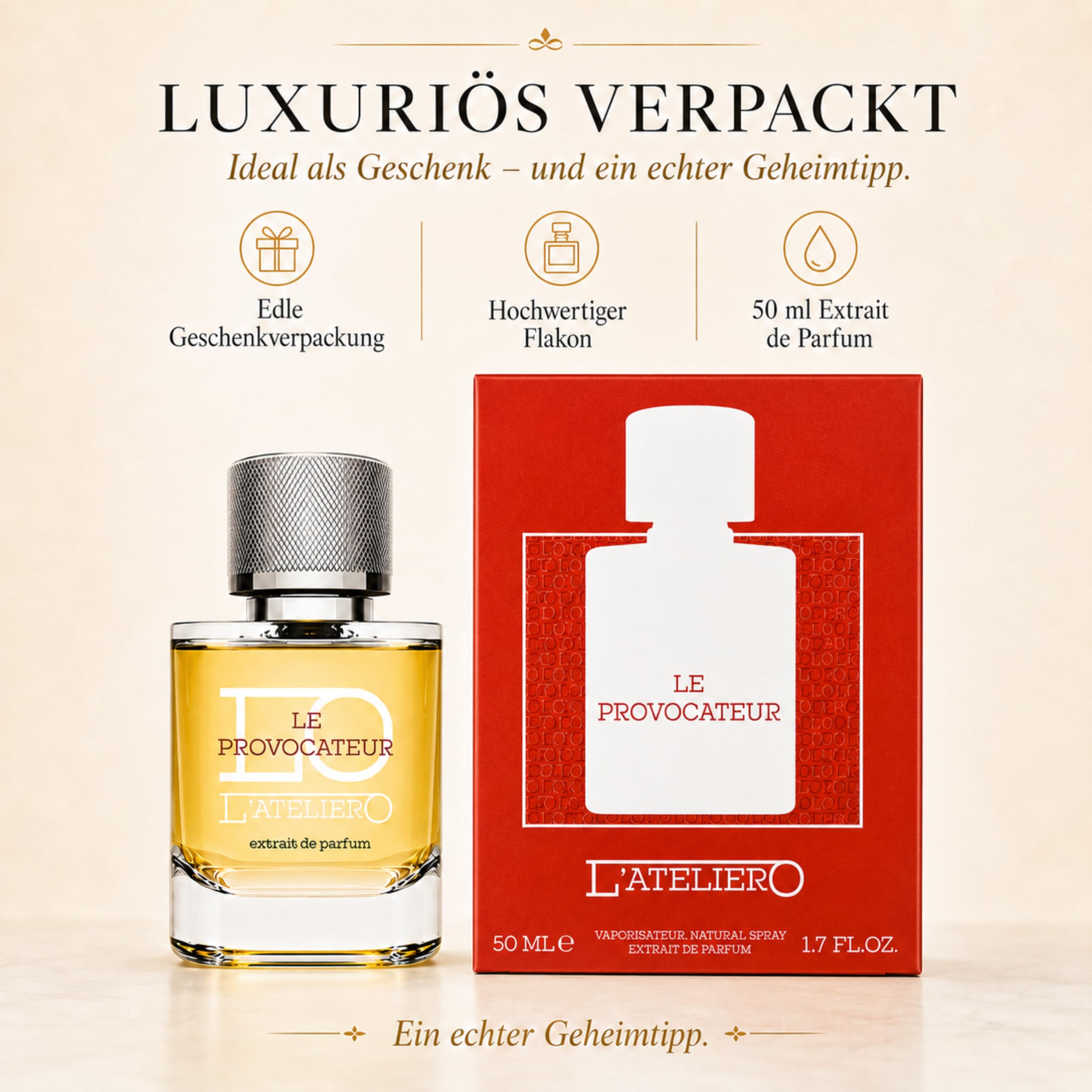 L'ATELIERO - LE PROVOCATEUR - Extrait de Parfum für Männer 50 ml | 25% Parfumöl mit Zimt, Leder und Amber, intensiv würzig süß, frisch und ganzjährig