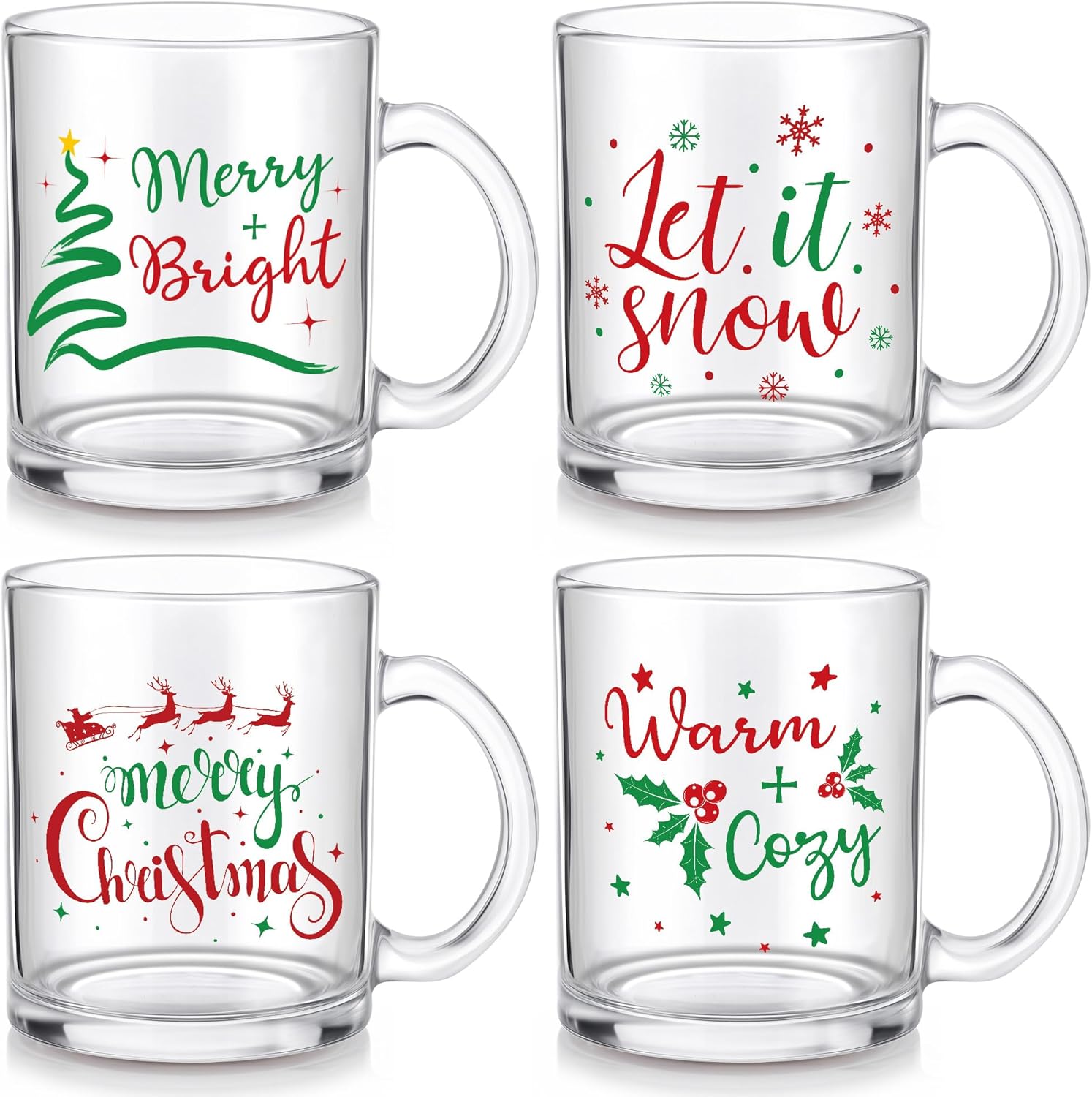 Suclain 4 Pcs Winter Snowflake Glass Mug with Handle 12 oz Christmas Glass Coffee Mugs for Hot Cold Drinks Silver Snowflake Coffee Cups for Tea Winter Xmas Gifts Party Supplies