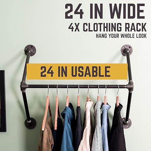 Miniatura 5 de PIPE DECOR Perchero de ropa montado en la pared de tubería industrial, exhibición de ropa de armario comercial o residencial, resistente rústico