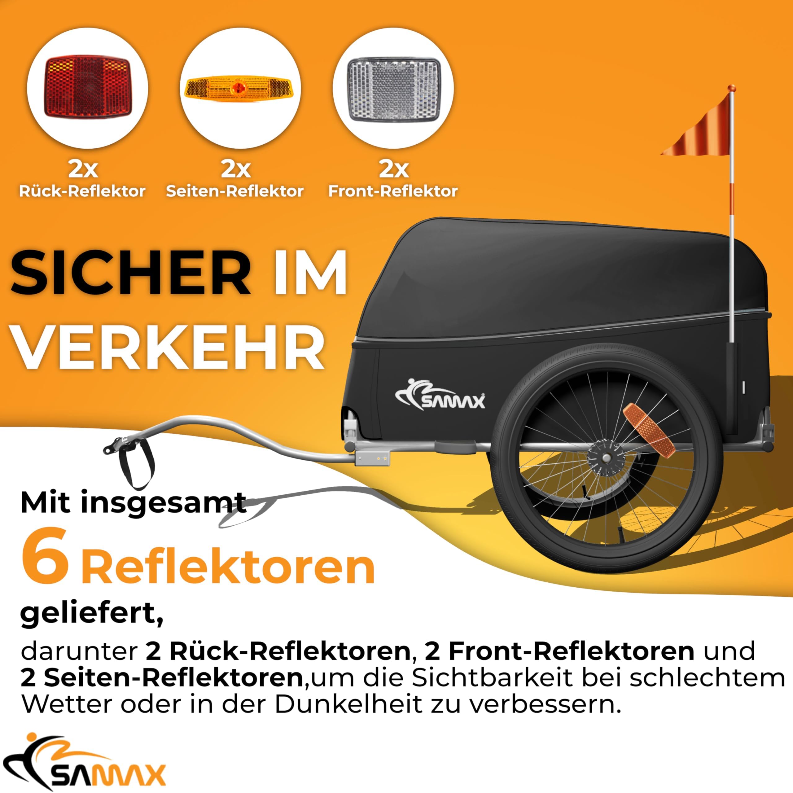 SAMAX Transportanhänger Fahrradanhänger Lastenanhänger Fahrrad Anhänger - mit Kupplung - 40 Kg / 120 Liter - Grey & Color Edition