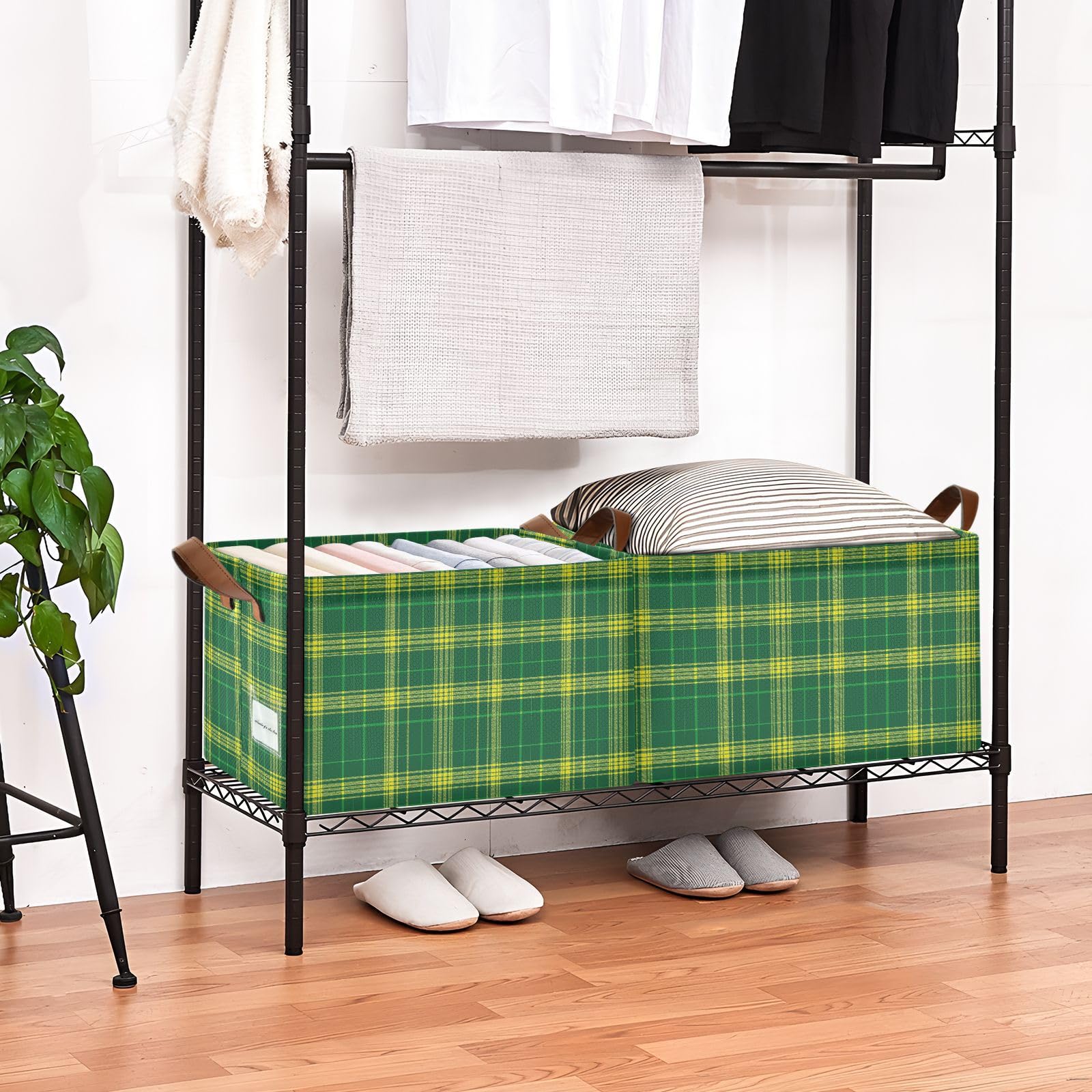 KLL Zielony żółty kosz w kratę do przechowywania z uchwytami organizer pojemniki do przechowywania do sypialni, salonu, łazienki, półek, 2 szt. cajas de almacenamiento para closet