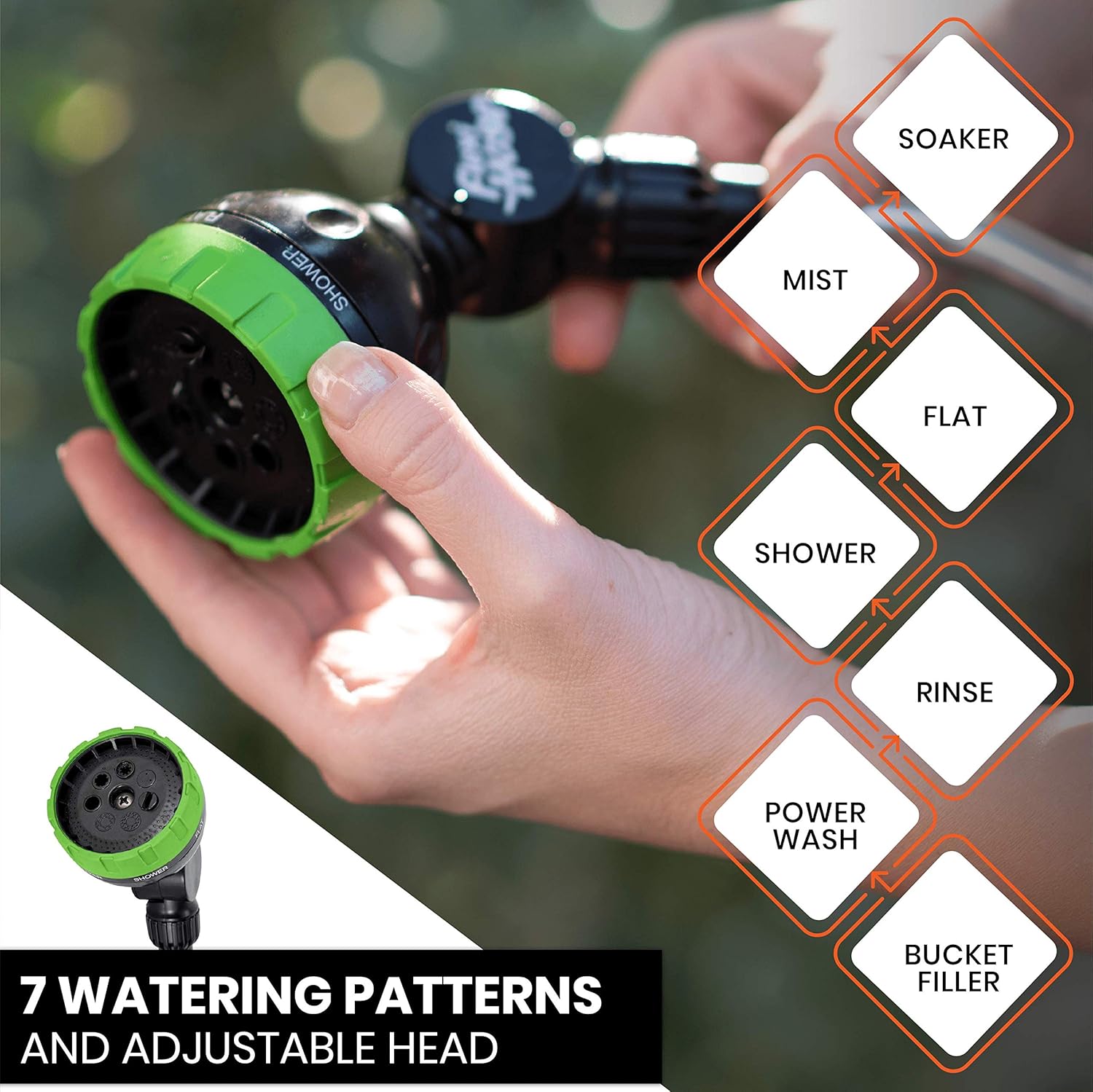 Flexi Hose Green Water Wand with Pivoting Head - A Heavy-Duty Front Trigger Telescoping Watering Wand - 7 Spray Patterns - ON/OFF Thumb Control - Water Plants, Wash Cars, and Shower Pets : Patio, Lawn & Garden