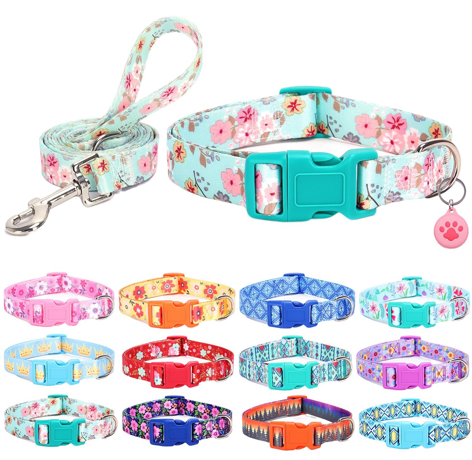 SLZZ Dog Collar with Leash Airtag Holder Case Set - Dog Collars for Male Female Boy Girl Puppy X-Small Small Medium Large Dogs Walking Running