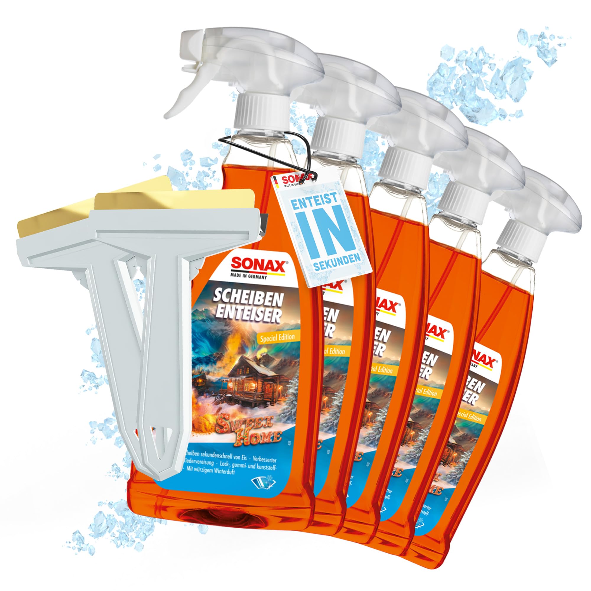 Lot de 5 dégivreurs de pare-brise de voiture Sonax Sweet Home 1 litre pour vitres de voiture + 2 grattoirs Murska avec lame en laiton | Spray de dégivrage pour une vision claire