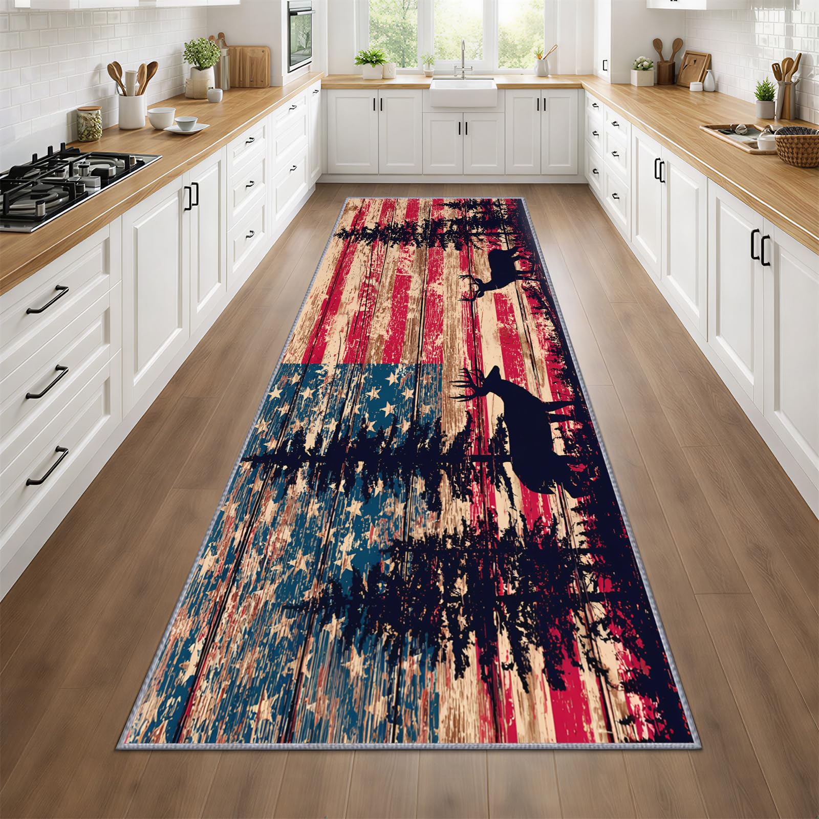 Hirsch Teppich Läufer 100x300cm, Vintage-Flagge Teppichläufer, Country Retro Elch Teppichläufer, Weicher Kurzflor Teppich für Wohnzimmer, Flur, Eingang, Esszimmer