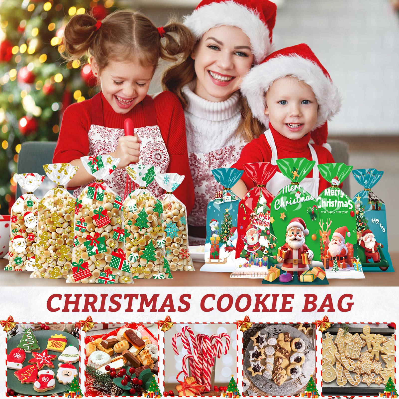 100 Sacchetti Regalo Di Natale In Cellophane Trasparente Con Nastri Rossi - 13x27 Cm, 3 Motivi Natalizi, Per Caramelle E Biscotti - 5
