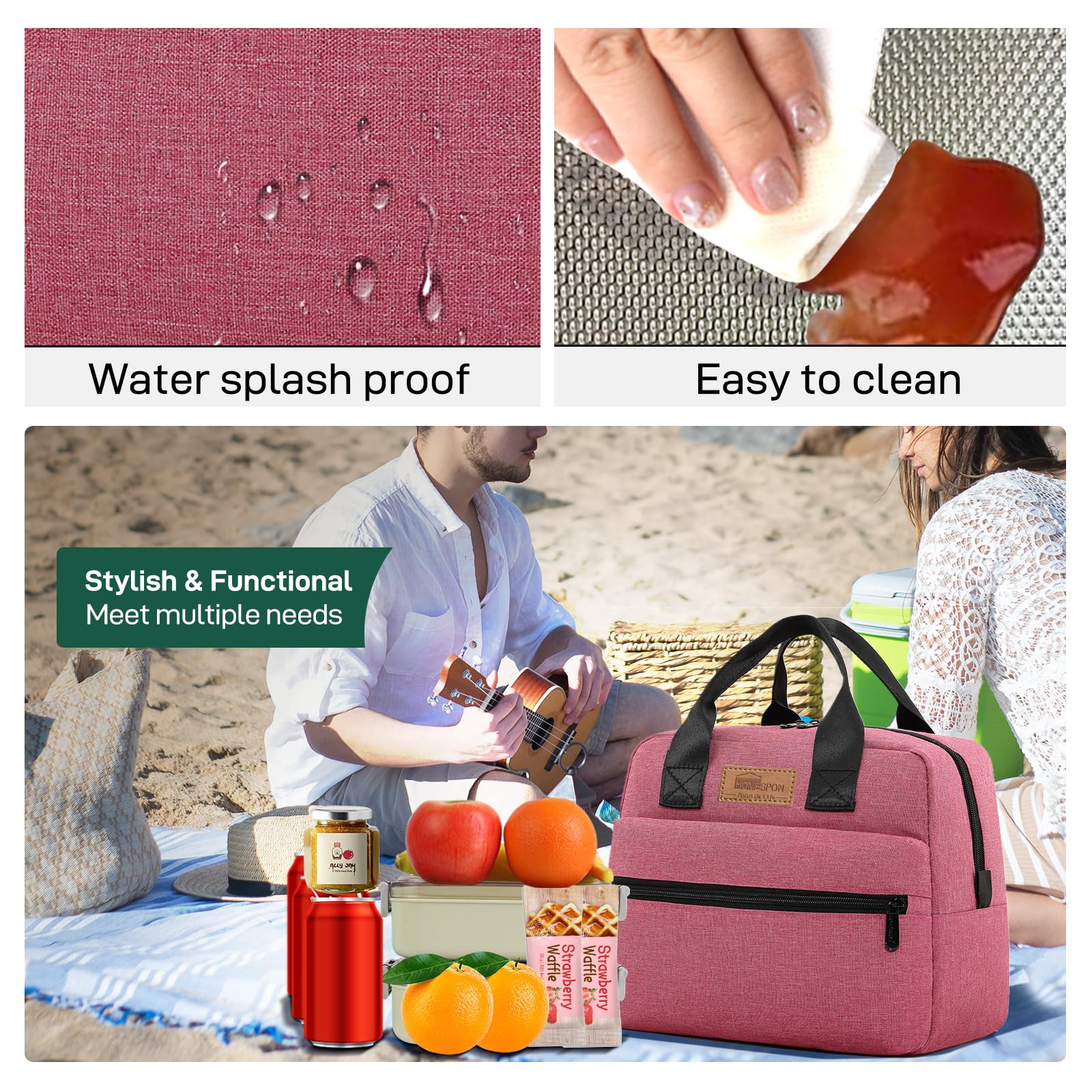 HOMESPON Sac à déjeuner isotherme pour femme/homme/travail/pique-nique/grande taille Rose