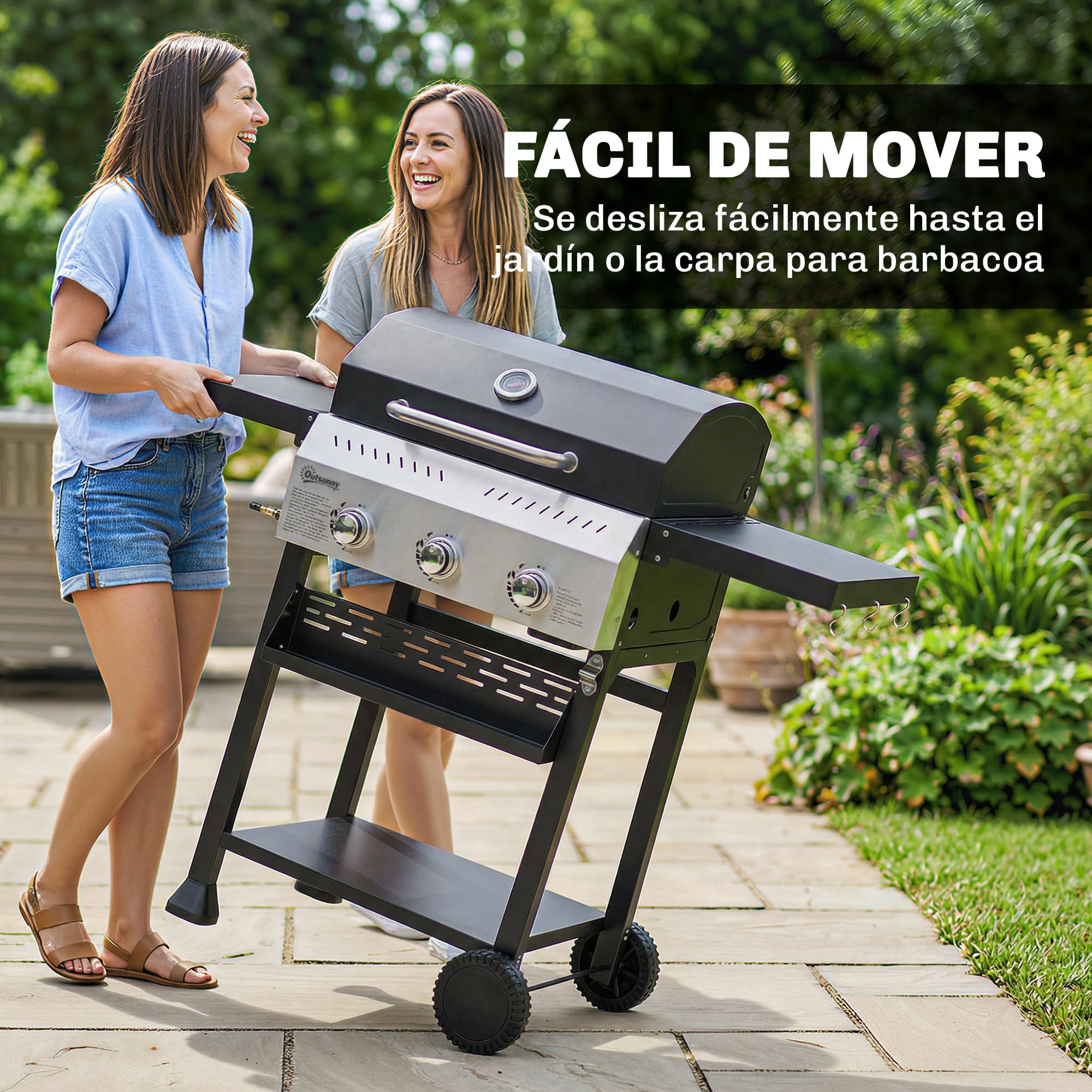 Outsunny Barbacoa de Gas BBQ Gas con 3 Quemadores 9 kW Barbacoa Portátil con Termómetro Mesas Laterales Plegables Estante Rejilla Calentadora Especiero Parrilla Recogedor Grasa 2 Ruedas Ganchos Negro