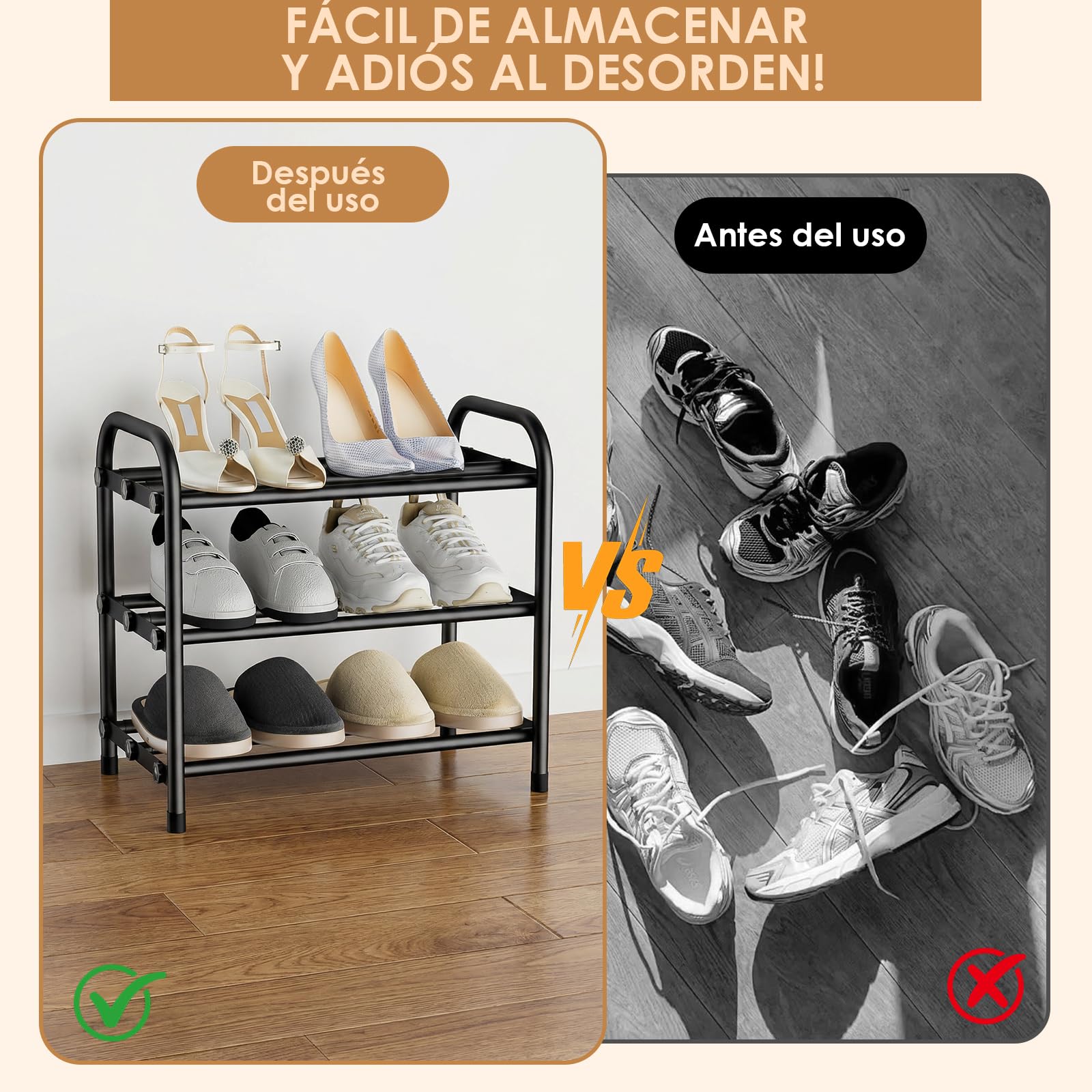 Zapatero Extensible 3 Niveles, Zapatero Pequeño Ajustable 45-80 cm, Zapateros Metalico, Fácil Montaje, para Pasillo, Dormitorio, Salón, Negro