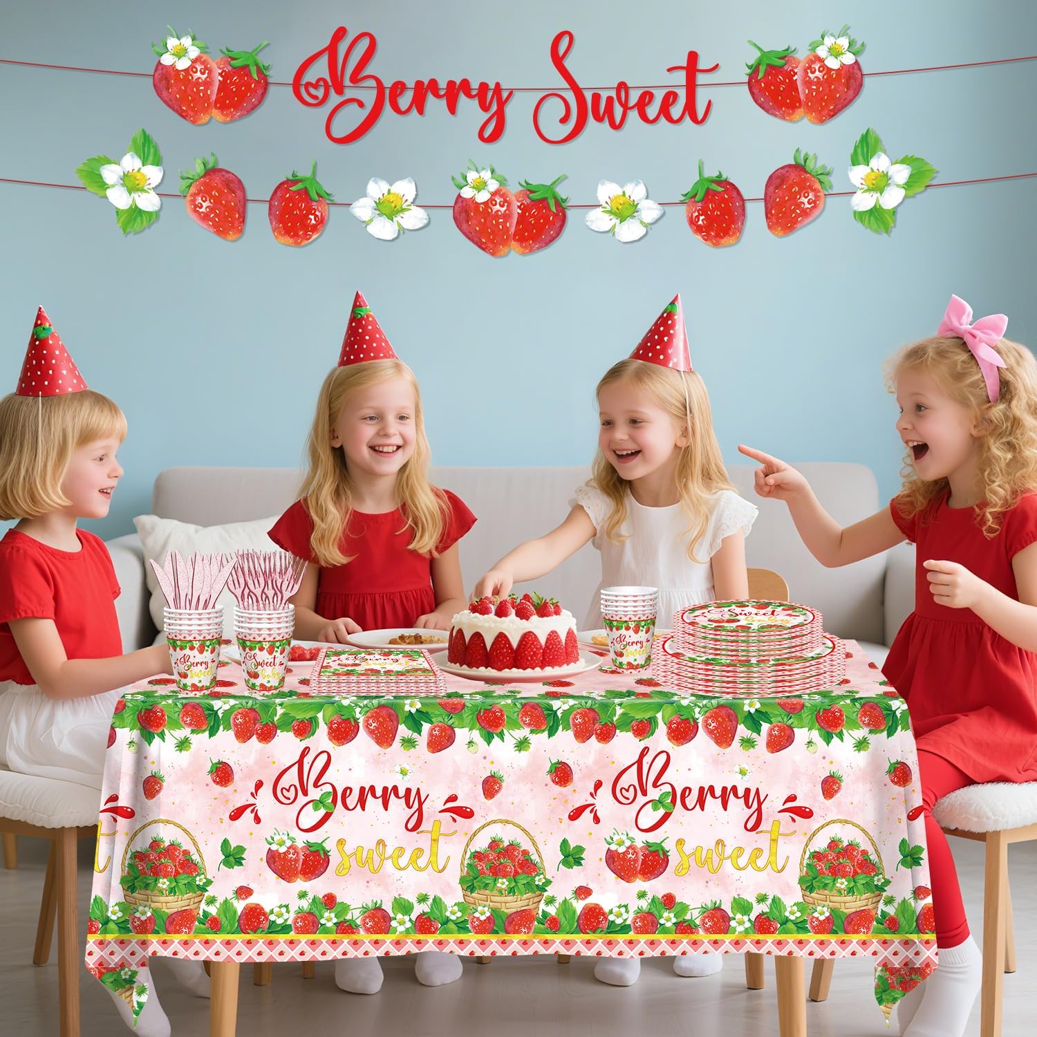 123PCS Strawberry Party Decorations Strawberry Theme Birthday Party Supply Berry Sweet Baby Shower Decorations Fruit Themed Decor Berry First Birthday Tableware Set - Plates Tablecloth Cups Serves 20 - Image 3