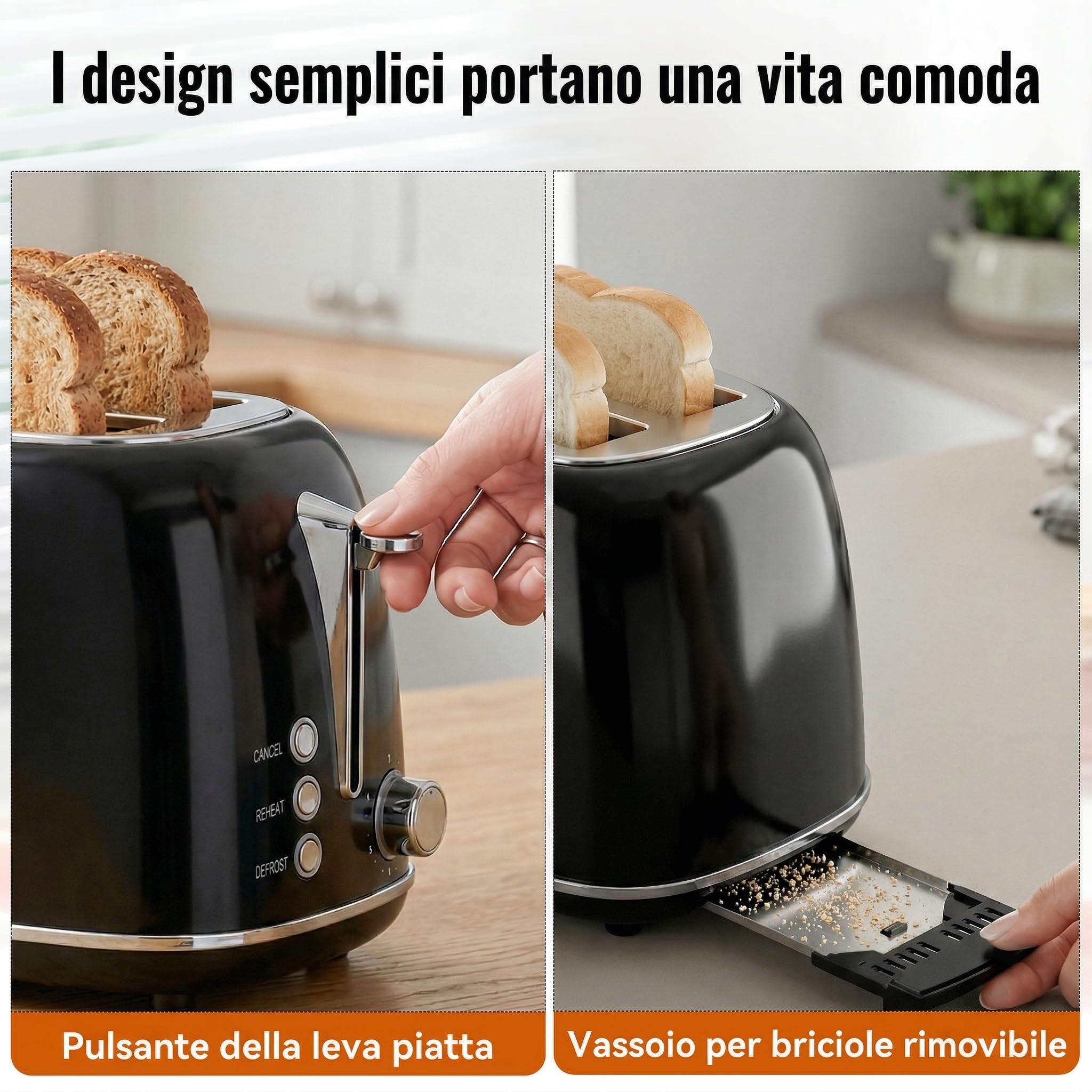 Keenstone Tostapane con pinze Retro a 2 fette, extra larghe in acciaio inox, 6 livelli di doratura, funzioni di riscaldamento e scongelamento; tostapane per toast farciti; Vassoio raccoglibriciole