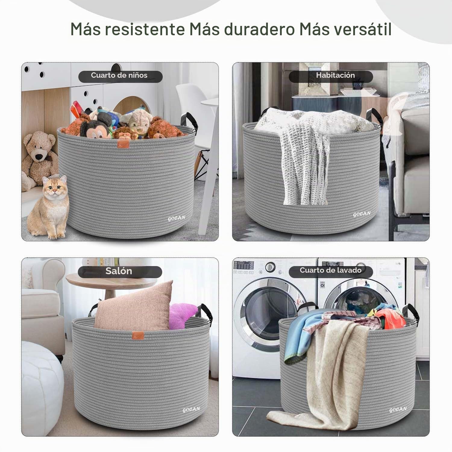 GOCAN - Cesta de almacenamiento extragrande tejida de cuerda de algodón con asas para ropa sucia, sala de estar, almacenamiento de juguetes, 55,88 cm x 55,88 cm x 35,56 cm, XXXL, gris