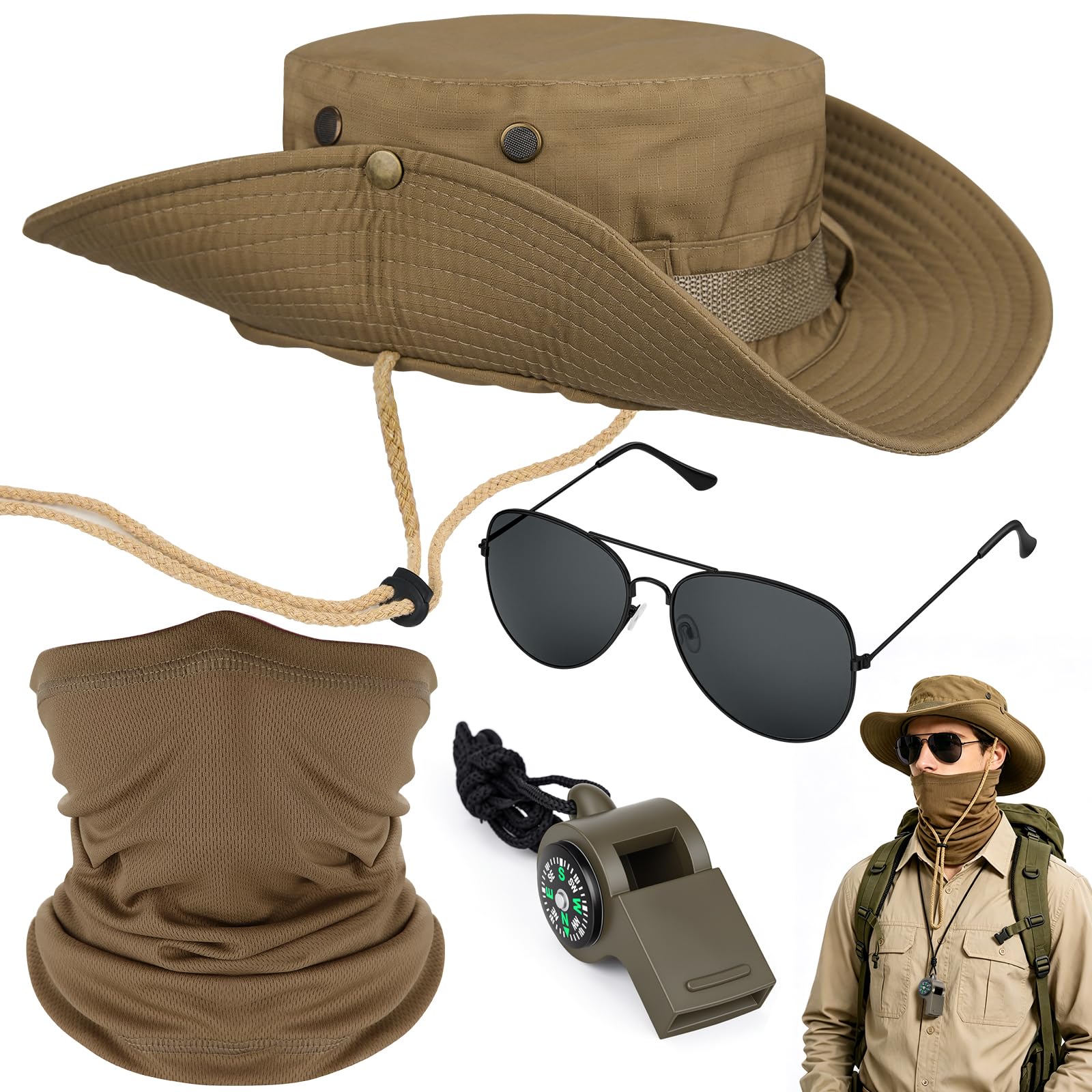 Dreamtop 4 Pcs Safari Costume Accessories Set, Safari Hat Explorer Zoo Keeper Costume with Leopard Print Scarf Binoculars Sunglasses Whistle for Women Men Dress Up (Dark Khaki)