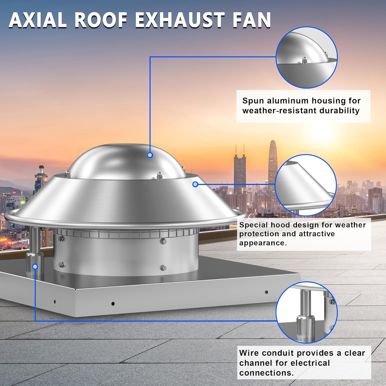 Roof Exhaust Fan Direct Drive Axial Downblast Exhaust Fan -19" Fan Base, 1/30 HP 115 Volt Single Phase Motor 500 CFM, ETL Listed