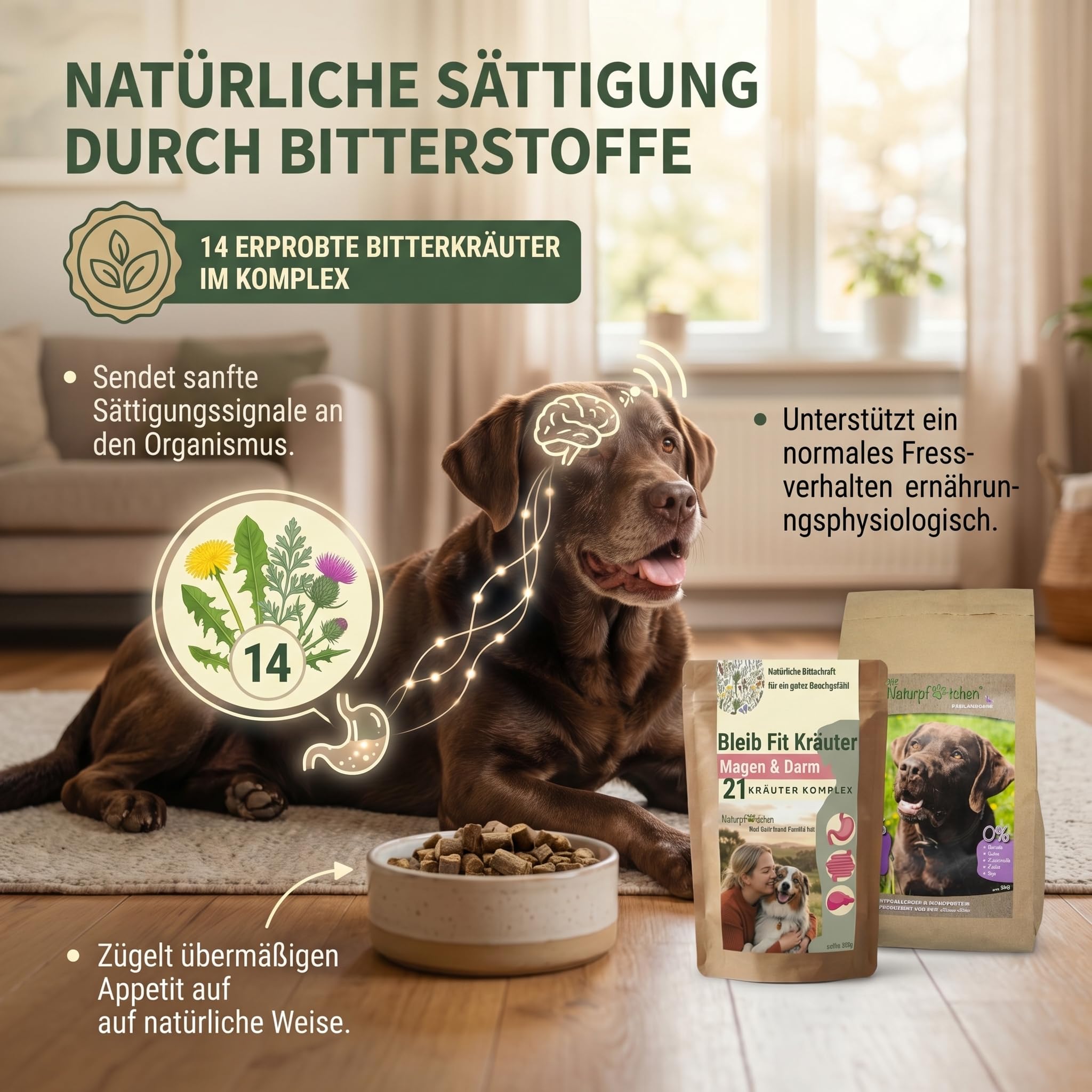 Bleib Fit Bitterkräuter für Hunde 250g - Magen, Darm, Verdauung & Leber - 21-Kräuter-Komplex - Reichhaltige Bitterstoffe - Sättigungsgefühl & Appetitregulation - 100% Natürlich