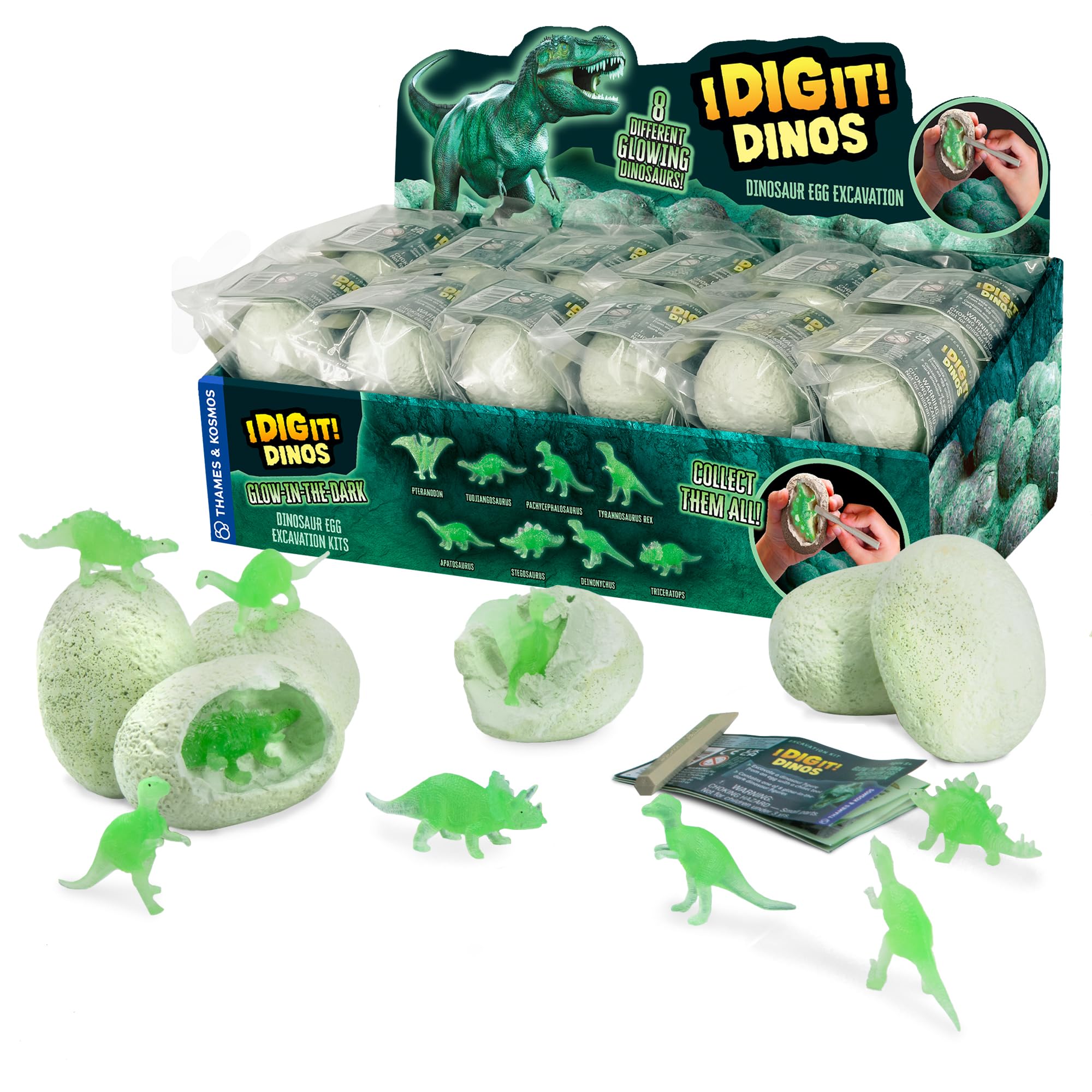 Thames & Kosmos I Dig It! Glow-in-the-Dark Dinosaurier-Ei-Ausgrabungs-Geschenk-Set, 24 Ausgrabungs-Sets mit Dino-Figuren, Partygeschenke, Strumpffüller, Osterkörbe, Sammeln Sie 8 einzigartige