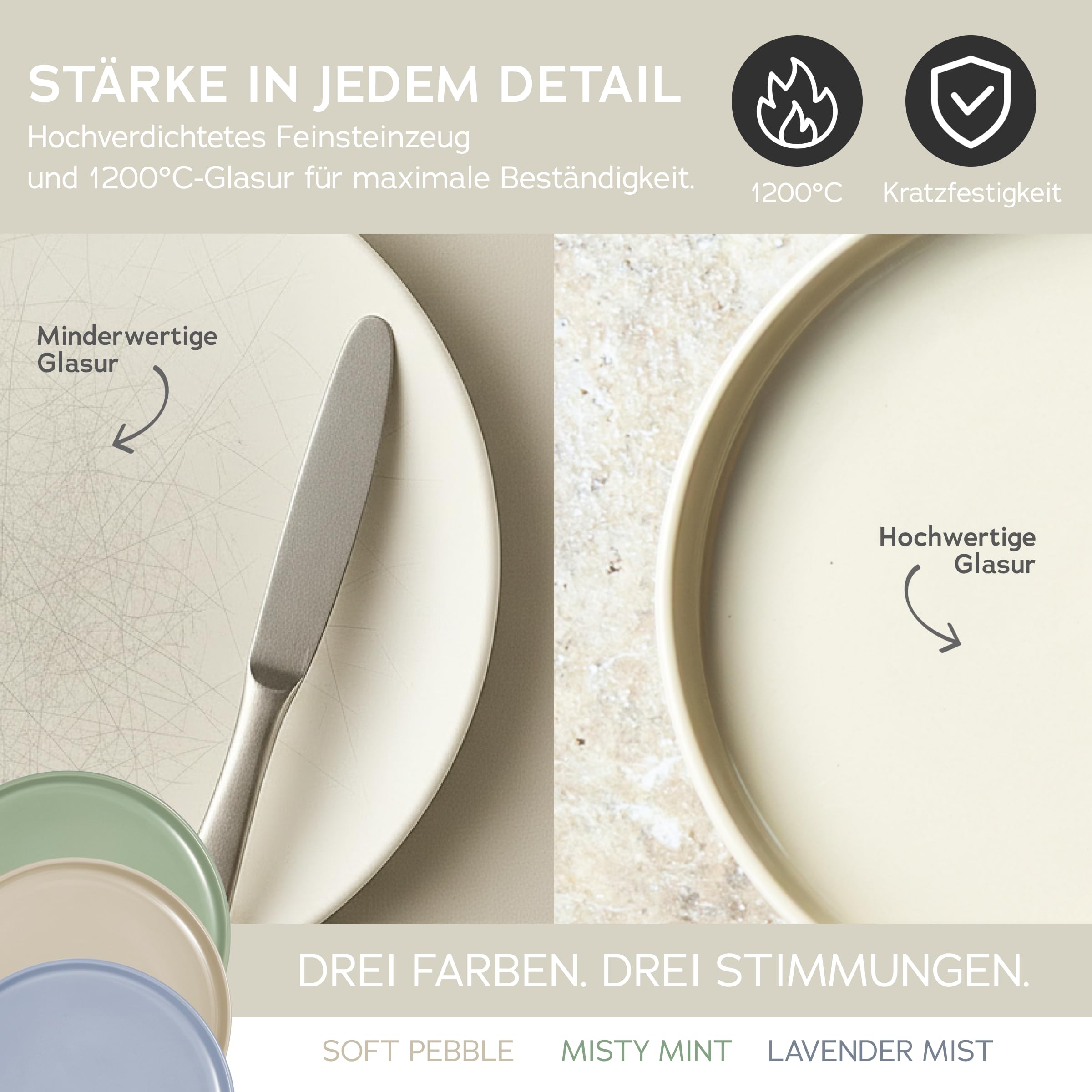 Feinsteinzeug Geschirr Set für 6 Personen, 18 Teile — massiver und kratzfester als Steingut Teller Set und Schüsseln, beige glanz | Tafelgeschirr je 6 Speiseteller, Kuchenteller & Schalen - Magnetiks