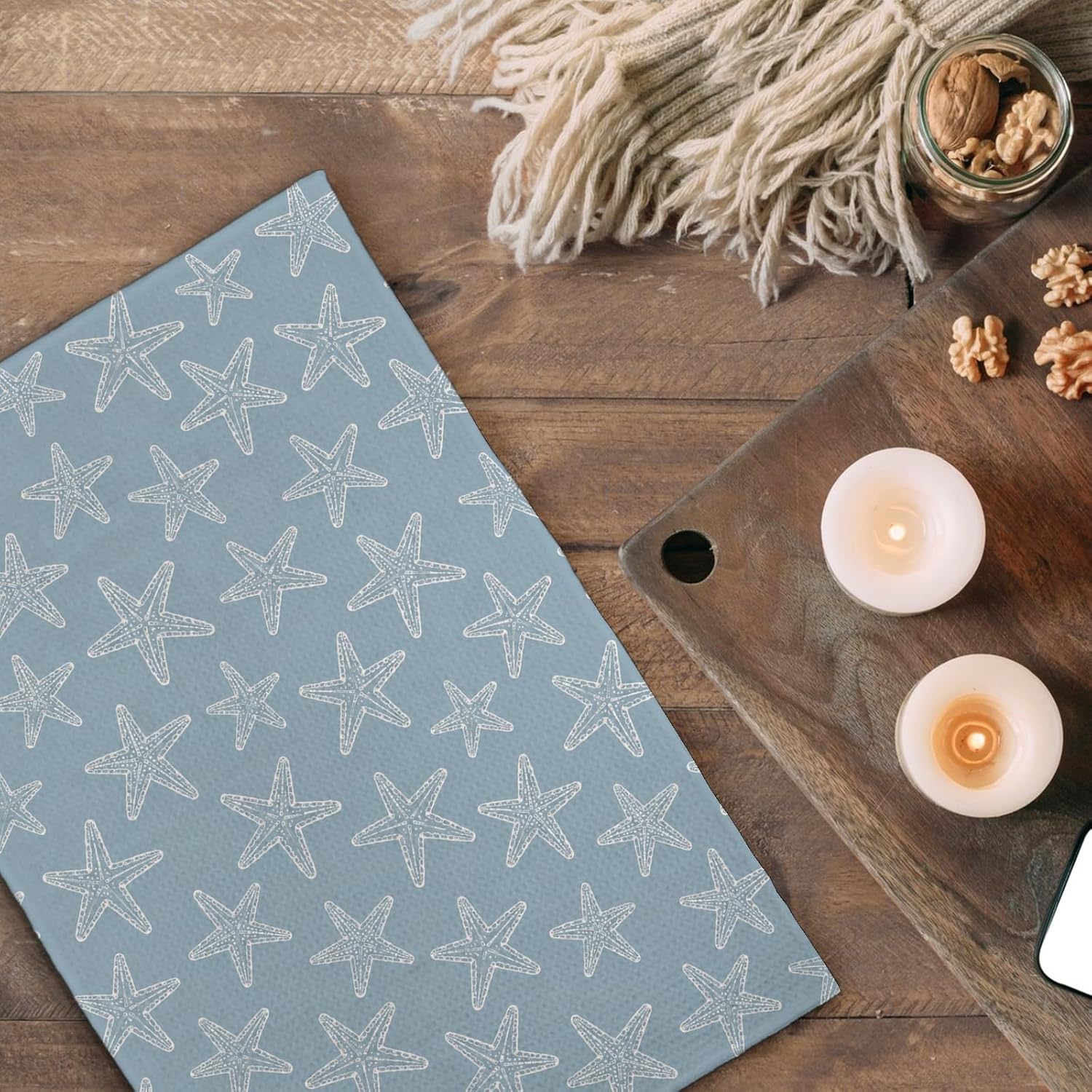 Coastal Beach Starfish Seashell Kitchen Hand Dish Towels Set of 2 | Beach Bathroom Decor, Blue Coastal Nautical Ocean Starfish Seashell Decorative Hand Tea Towels for Bathroom Kitchen 16X24In