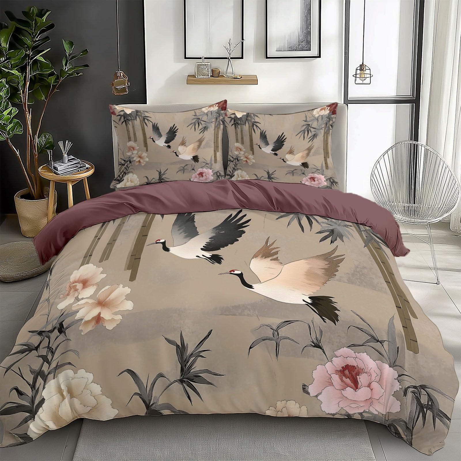 XCQHZYQ Double Duvet Cover Set 200x200 cm Peony Flower Green Bamboo Bird Quilt Cover Soft Cotton Microfiber Reversible Bedding Set, Comforter Cover 3 Pieces Bed Sets with Pillow Case