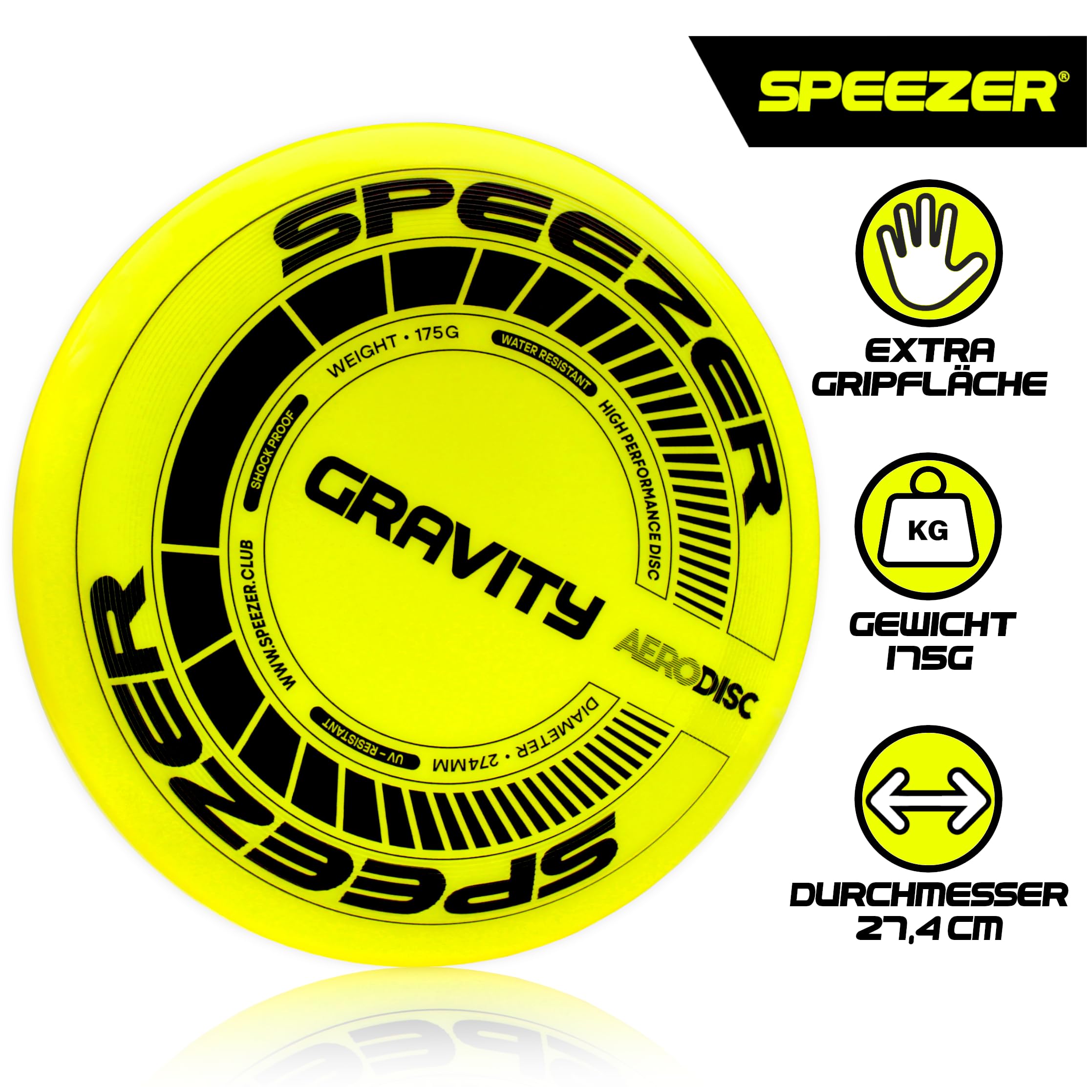 SPEEZER Frisbee Gravity 175 g – El disco de lanzamiento profesional amarillo neón es el juego divertido para deportes al aire libre – Disco de frisbee para niños y adultos – Ultimate Flying Disc - 2