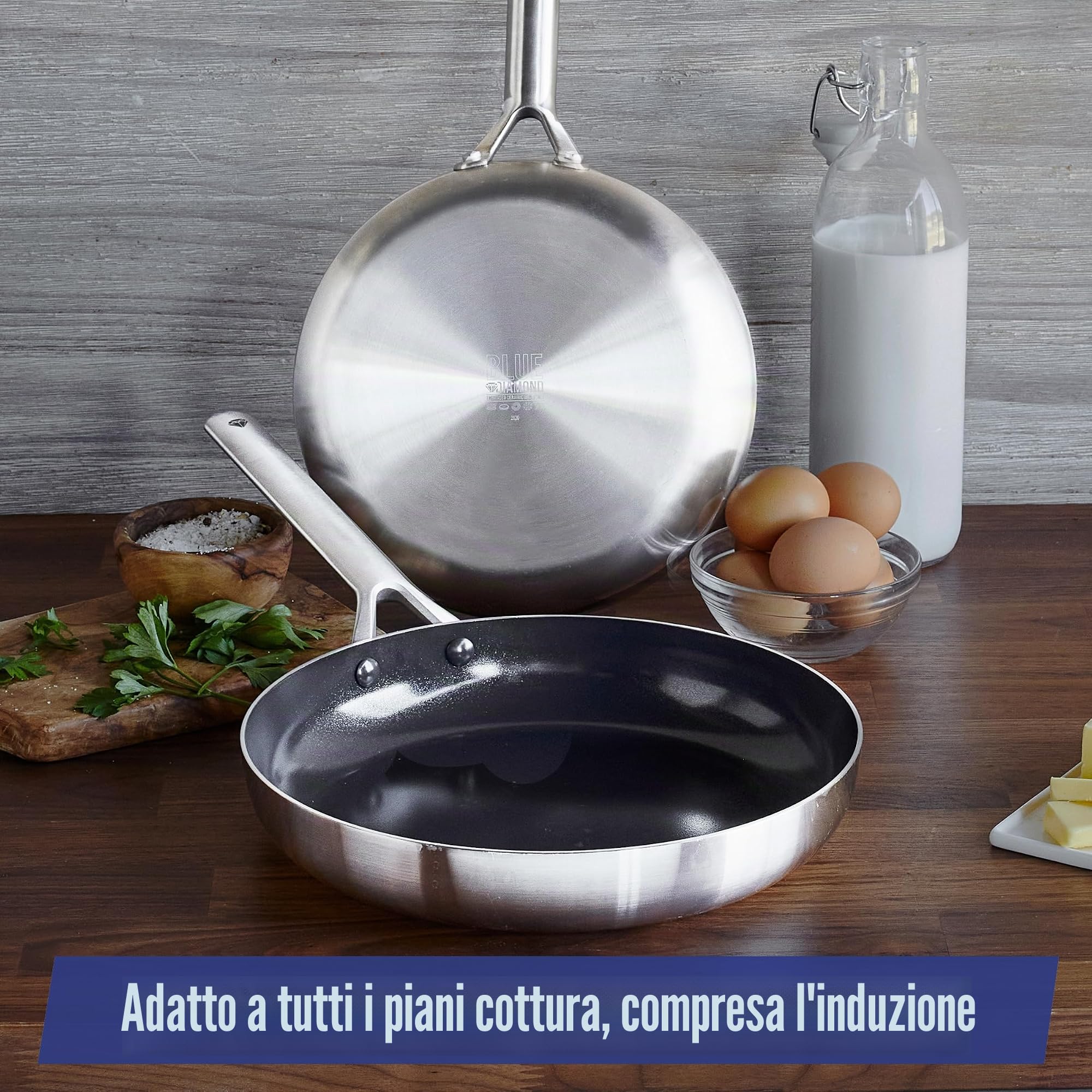 Blue Diamond Triple Steel Set di Padella Antiaderente in Acciaio Inossidabile in Ceramica da 24 cm & 28 cm, Senza PFAS, Multistrato, Induzione, Forno, Lavabile in Lavastoviglie, Argento