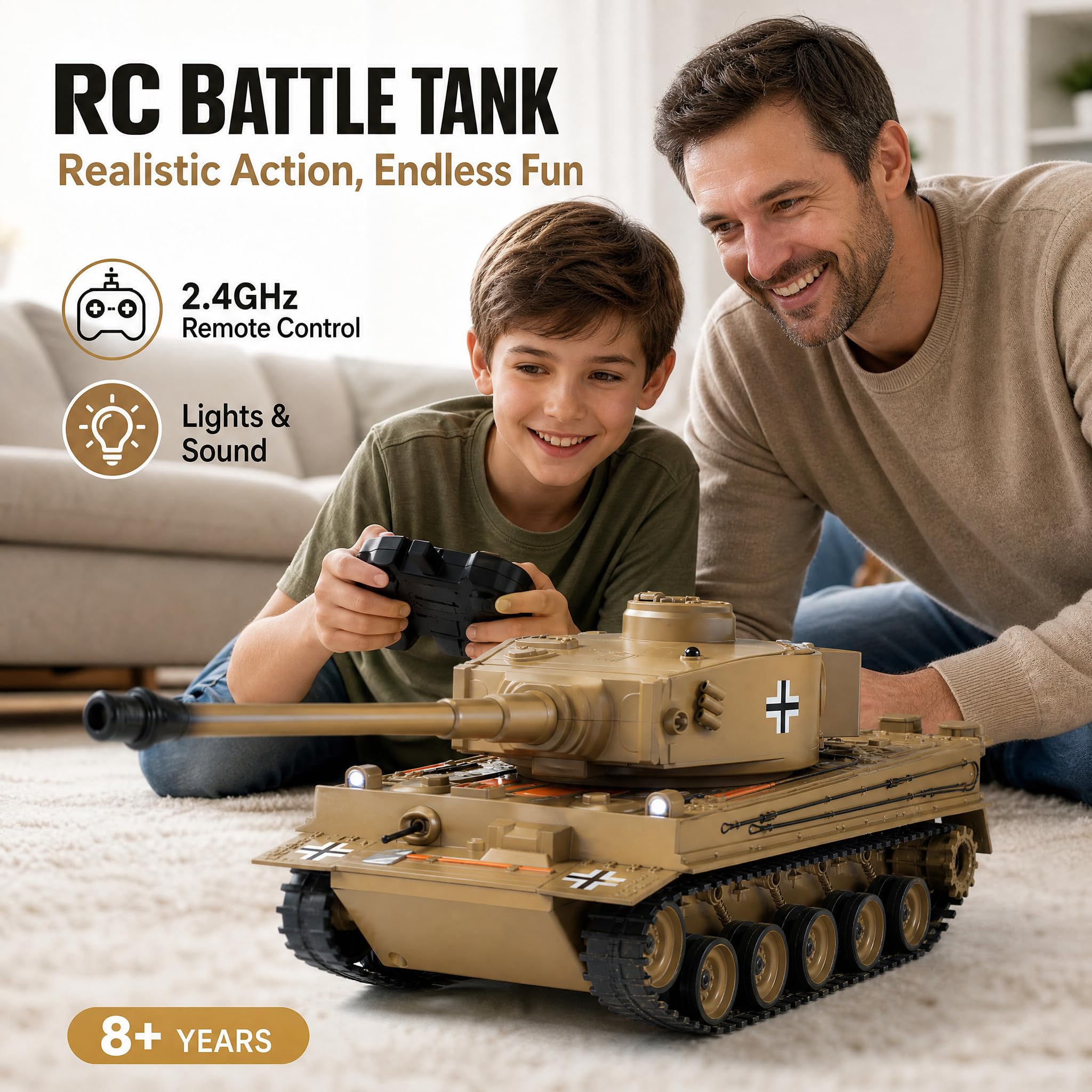 Tanque RC Tiger WWII 1:22 – Infrarrojos Disparo Agua Humo Sonido LED 2.4GHz | Tanque Teledirigido Militar Juguete Regalo Niño 8 Años Combate