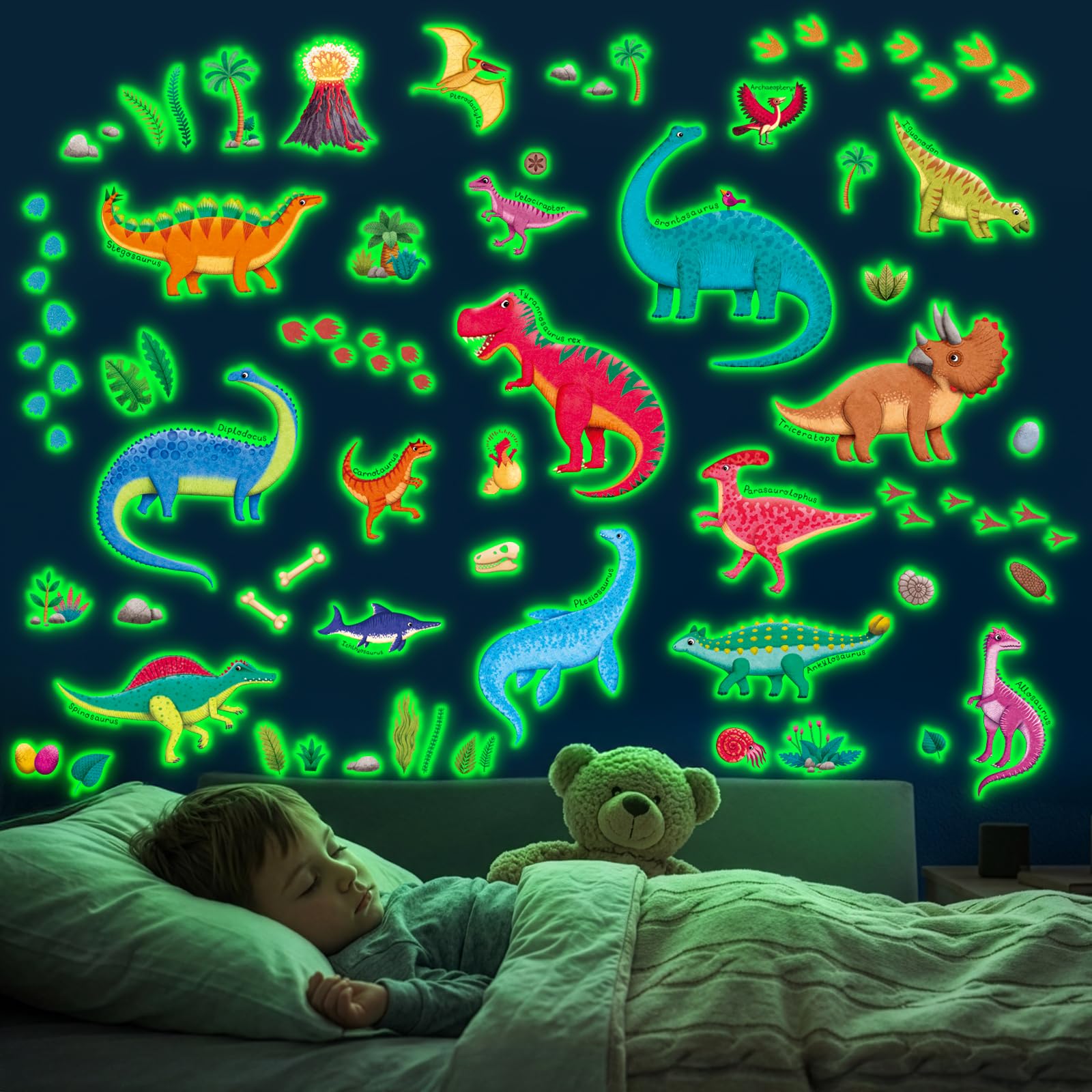 Decowall Boys Glow Dino A Glow In The Dark Dinosaur Wall Stickers – Dino Wall Decals For Kids Bedroom, Nursery Playroom Decor (Gds4-8087)