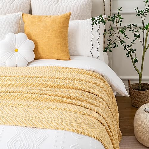 Miniatura 6 de BATTILO HOME Manta dorada para sofá, manta de punto amarillo versátil para silla, manta supersuave y cálida mostaza con borlas para cama individual,