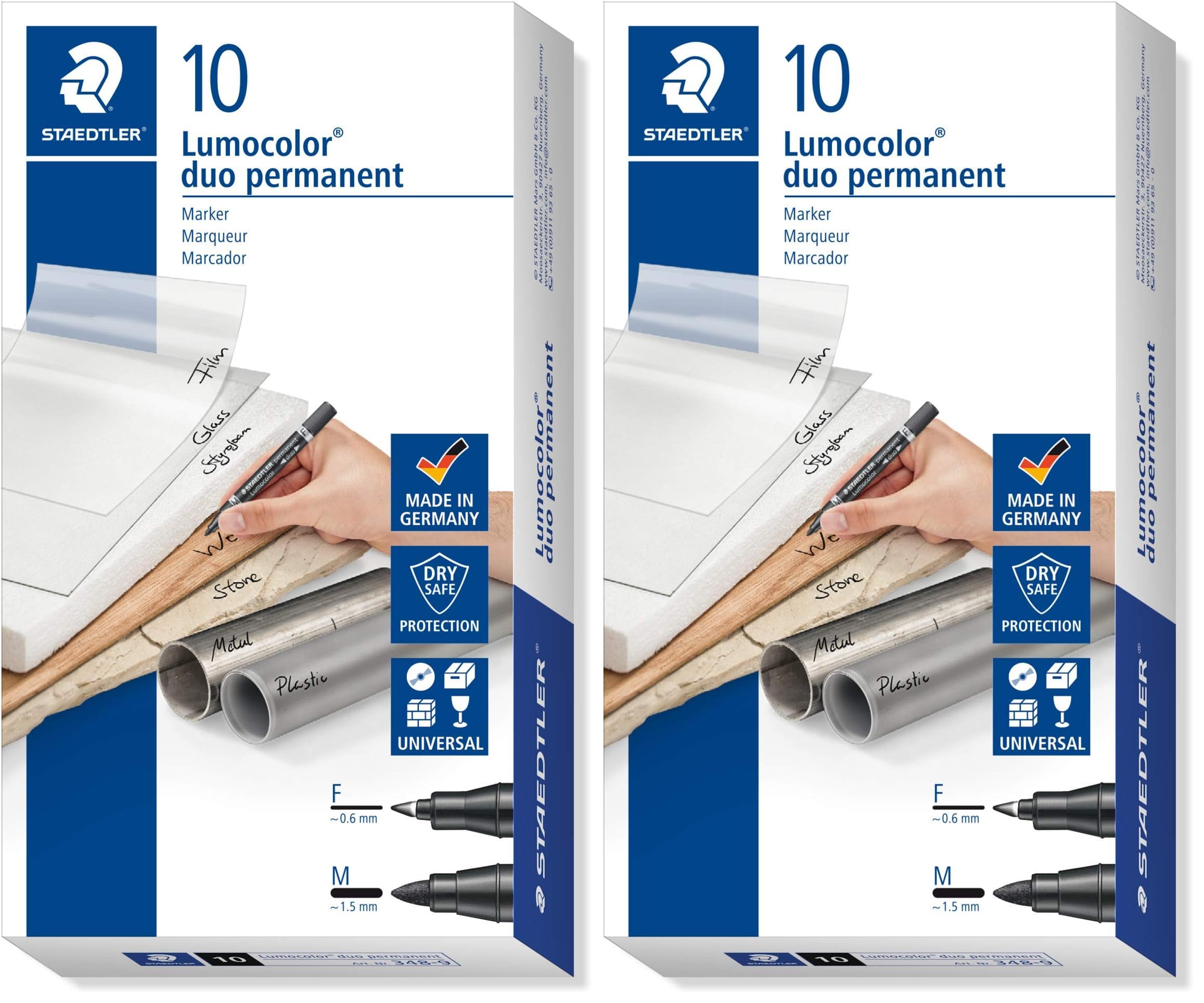 STAEDTLER Lumocolor 348-9. Rotulador permanente de doble punta. Diez marcadores de doble punta de color negro. (Paquete de 2)