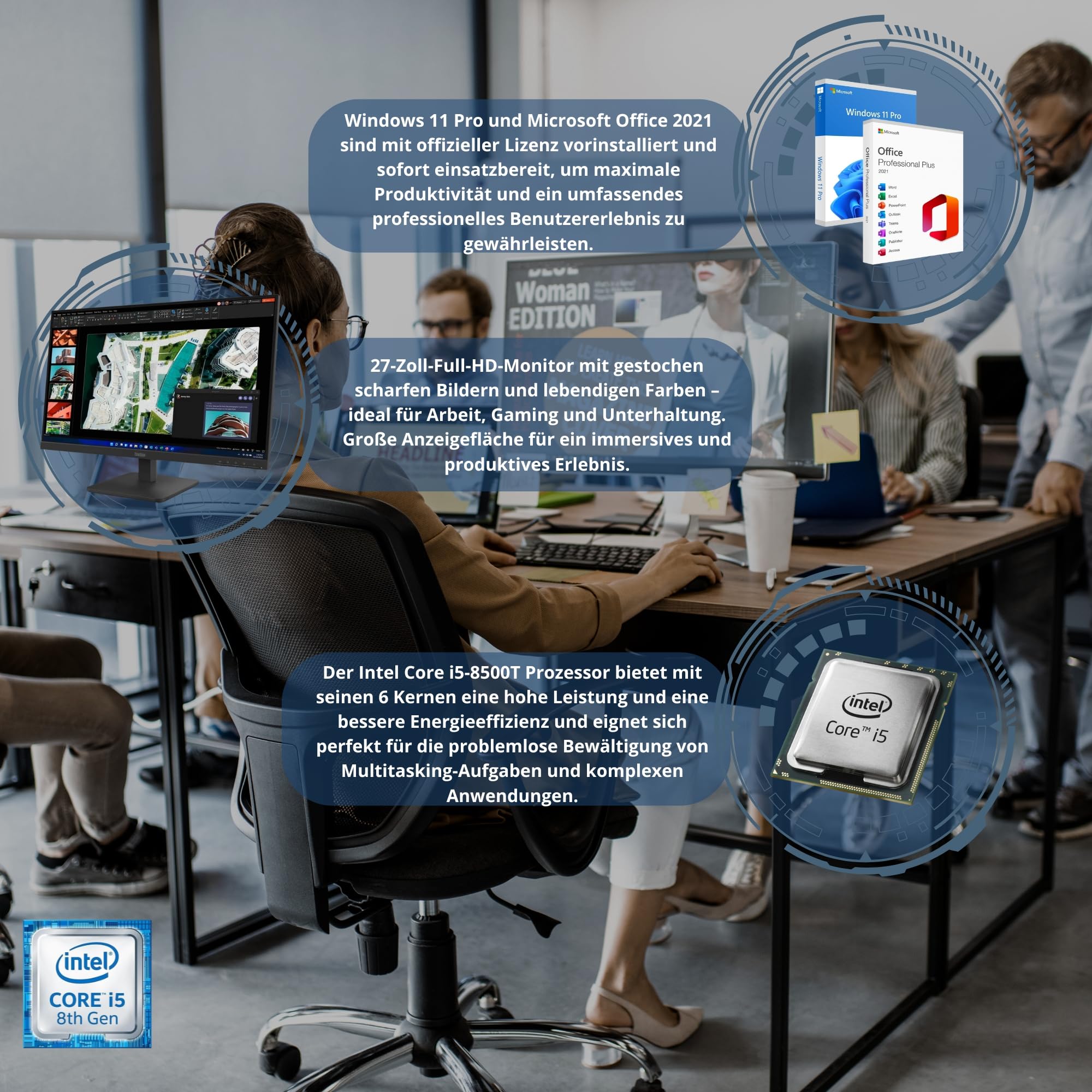 Computer Kompletter Desktop-Computer 27 Zoll i5 8500 16 GB RAM 512 GB SSD Win 11 Pro Office 2021 Pro Garantie 36 Monate