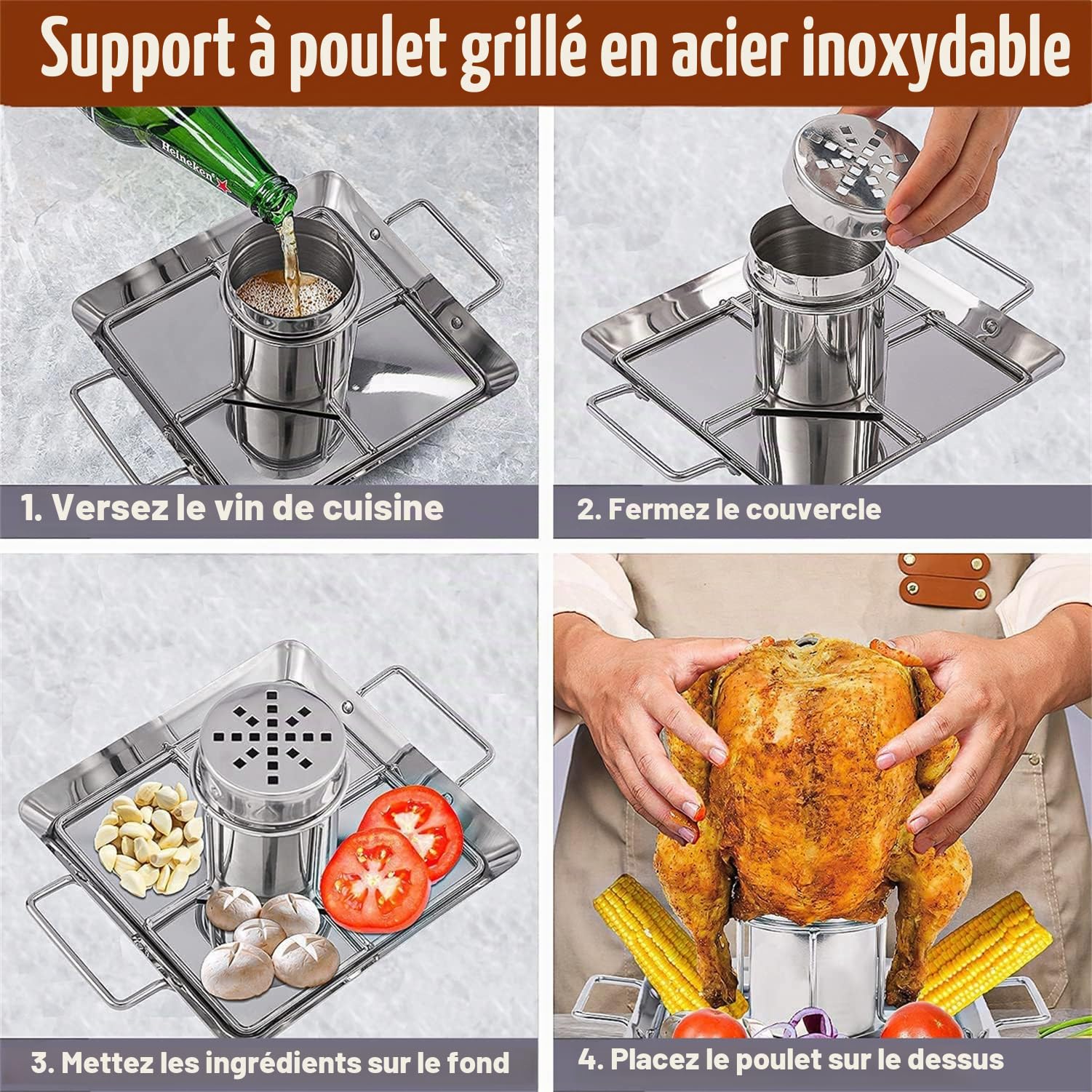 Support de Poulet pour canette de bière, Support Grille RôTissoire Poulet Acier Inoxydable Vertical Chicken Gril, avec bac d'égouttage adapté au Camping Barbecue en Plein air