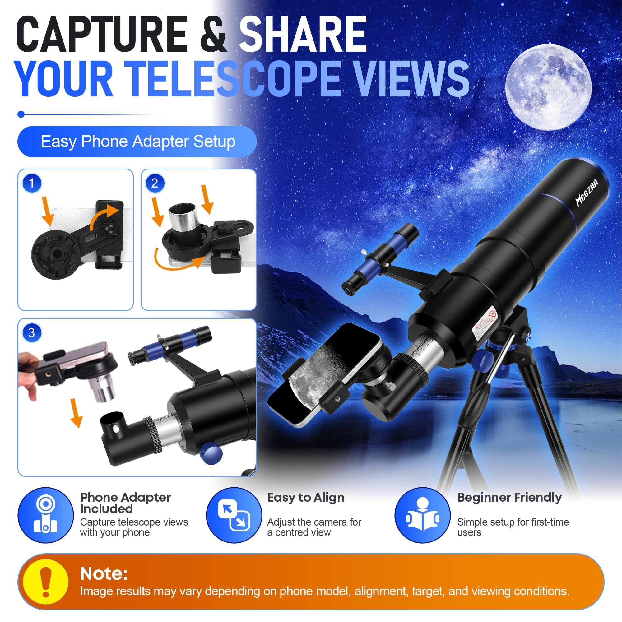 MEEZAA Télescope Astronomique pour Adultes, Enfants et Débutants, 90 mm Ouverture 600 mm Réfracteur Télescopes avec Trépied, Adaptateur Smartphone, Filtre Lunaire, Sac de Transport et Guide Lunaire