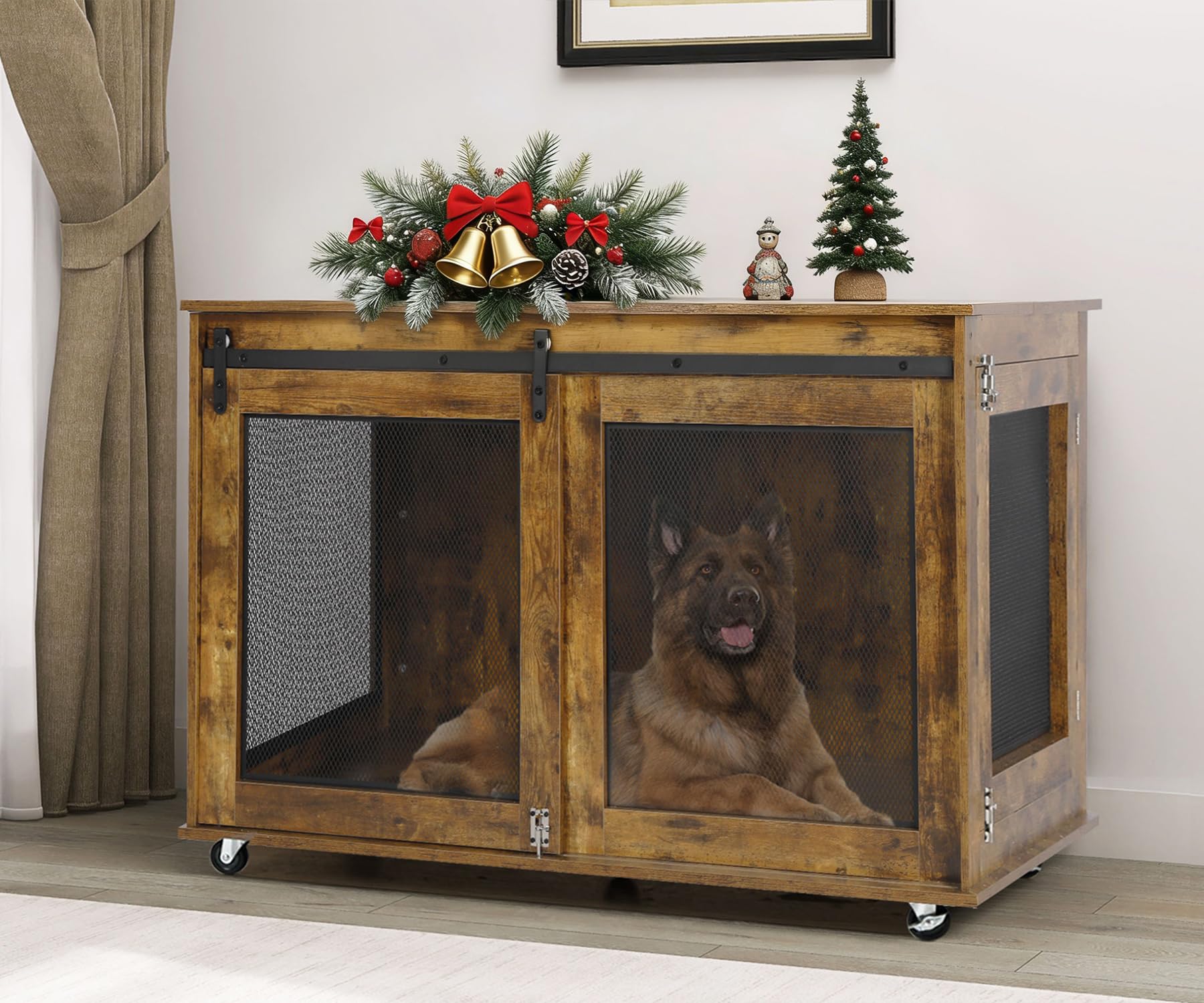 LINLUX 47 Inch Large Dog Crate Furniture, Wooden Heavy Duty XL Dog Kennel Indoor, Decorative Dog Cage Table for Large Dogs, with Sliding Doors, Wheels