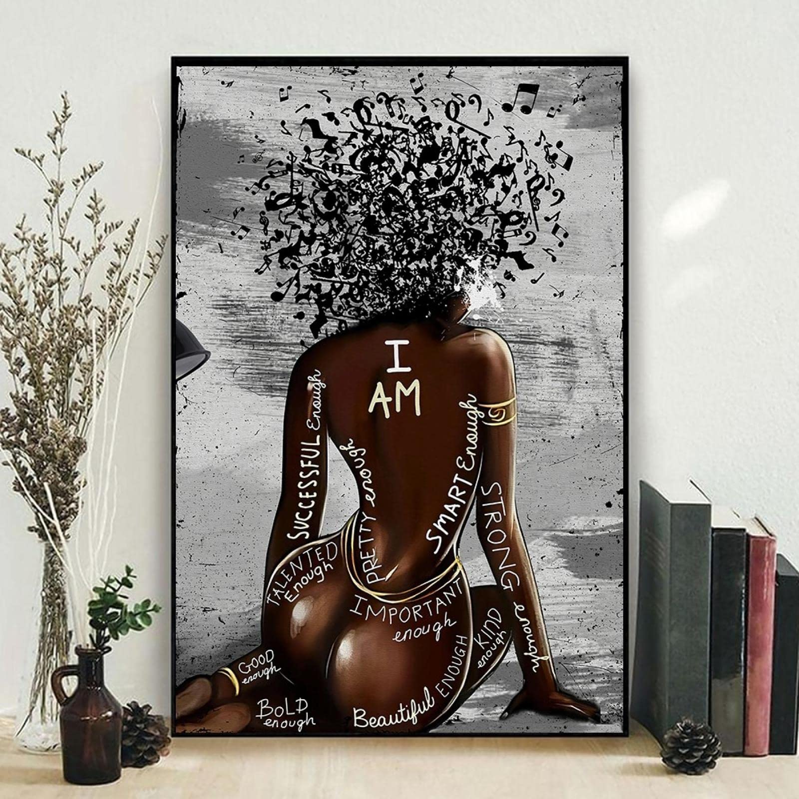 Guying Art Girls Frameless Poster And Prints Abstract Lady Picture Black Woman I Am Strong Enough Quote Wall Art Modern Fashion Home Room Decor 42X60cm(17X24in)