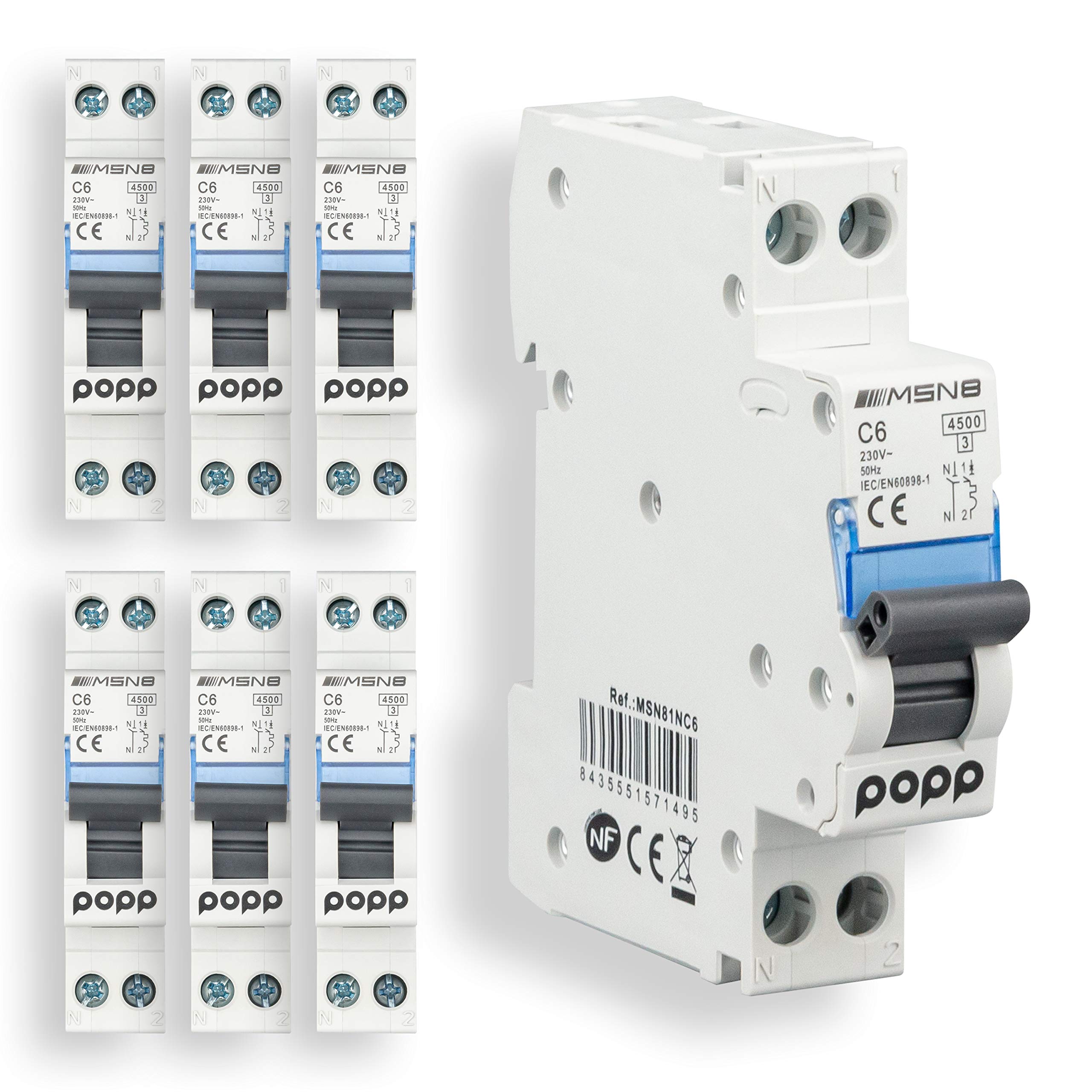 POPP® Interruptor Automático Magnetotérmico estrecho serie DPN MSN8 gama Doméstica CURVA C corte 4500A DPN 6A,10A,16A,20A,25A,32A,40A Pack 6,12 (Pack 6, 6A)