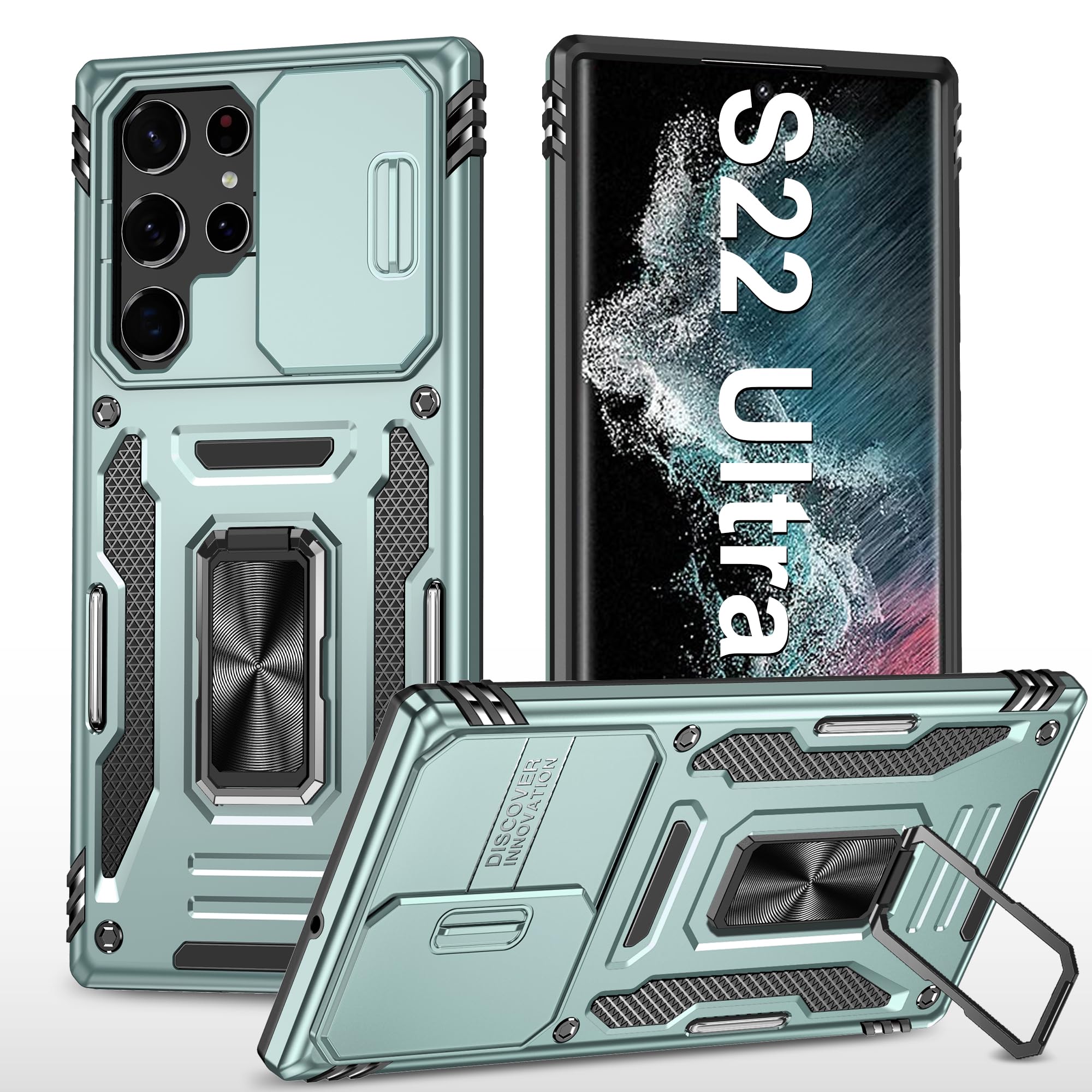 Handyhülle für Samsung Galaxy S22 Ultra Hülle mit Slide Camera mit Kameraschutz Galaxy S22 Ultra Schutzhülle 360° Drehbarer Metall Ring Ständer Stoßfest für Samsung S22 Ultra 5G (Alpinegrün)
