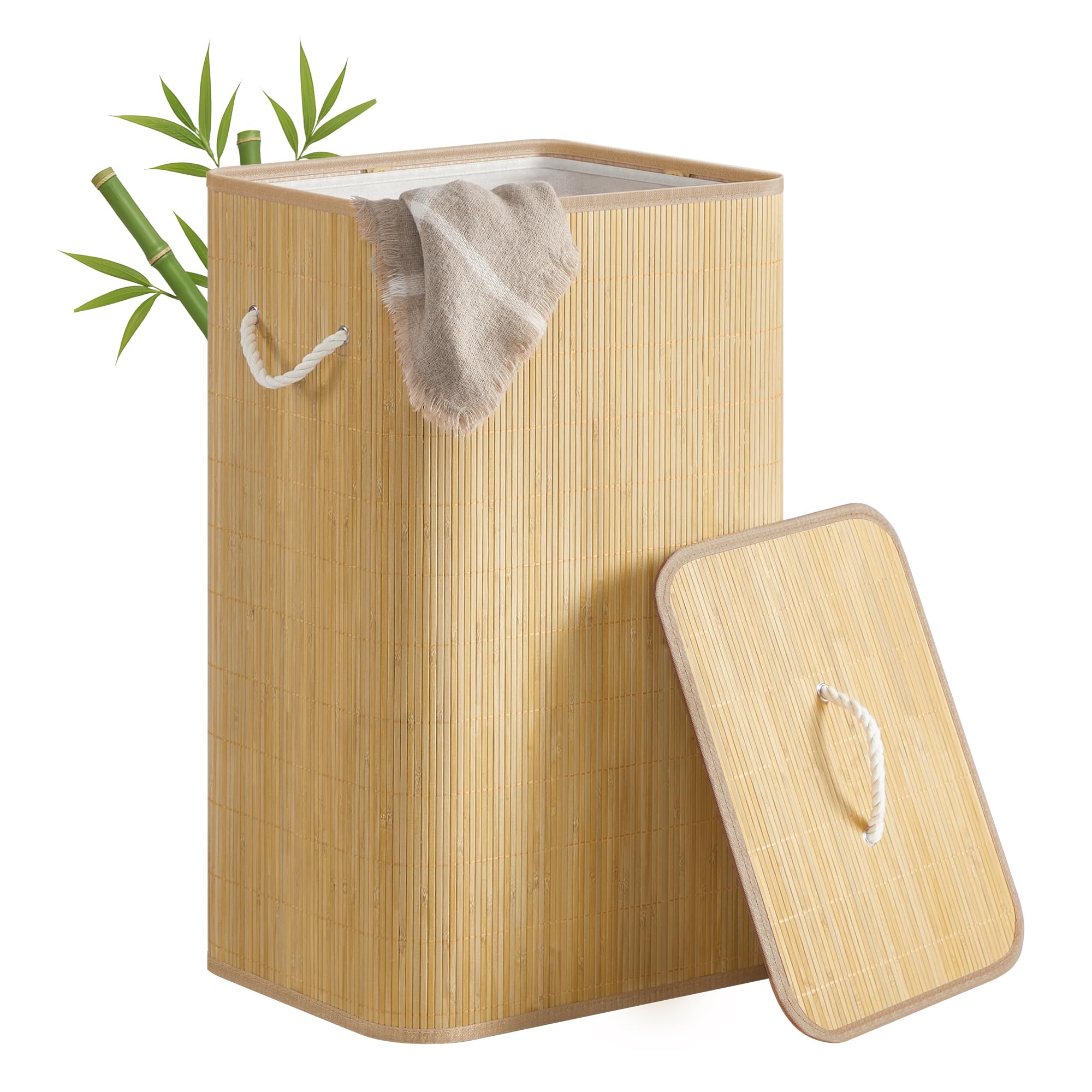 SONGMICS Laundry Basket with Lid, 90 L Bamboo Storage Basket, Rectangular Laundry Hamper with Handles, Collapsible, Removable Machine-Washable Liner, Natural Colour LCB077YZ01
