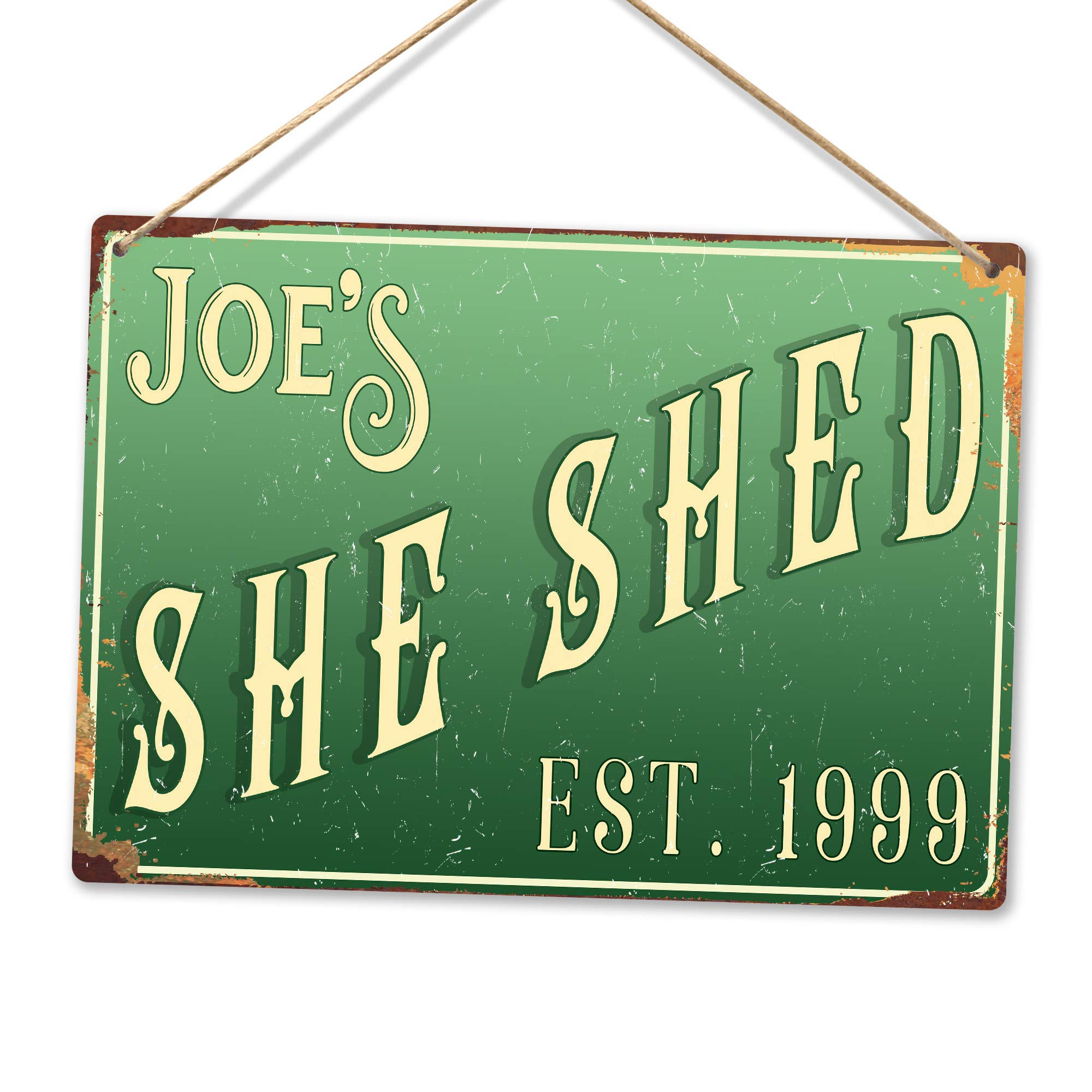 Personalised SHE SHED - Custom Name - Green – Medium Twine | Printed Metal Wall Sign Plaque