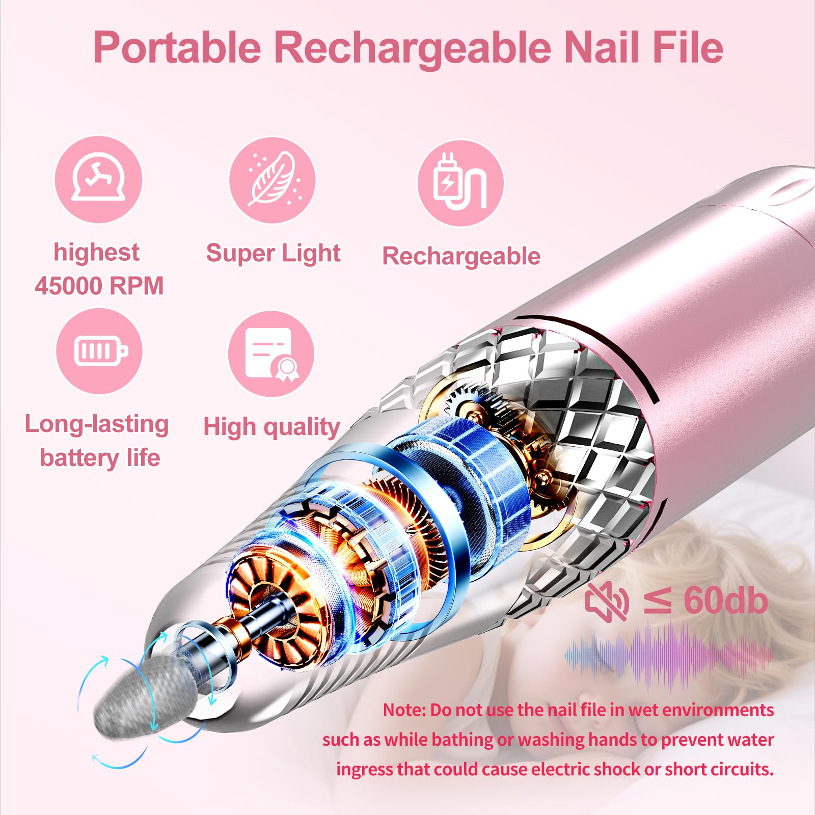 Professionelles elektrisches Nagelfräser-Set, kabellos und wiederaufladbar, inklusive Aufsätzen zum Polieren und Entfernen von Acryl- und Gel-Nagellack für den Heimgebrauch (Pink)