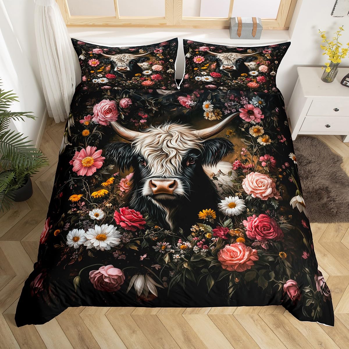 Homemissing Daisy Highland Cow Duvet Cover Set Cot Size For Kids Boys Girls Anime Highland Cattle Bedding Set Botanical Floral Printed Duvet Cover with 1 Pillowcase Farmhouse Animal Bedding — image 1