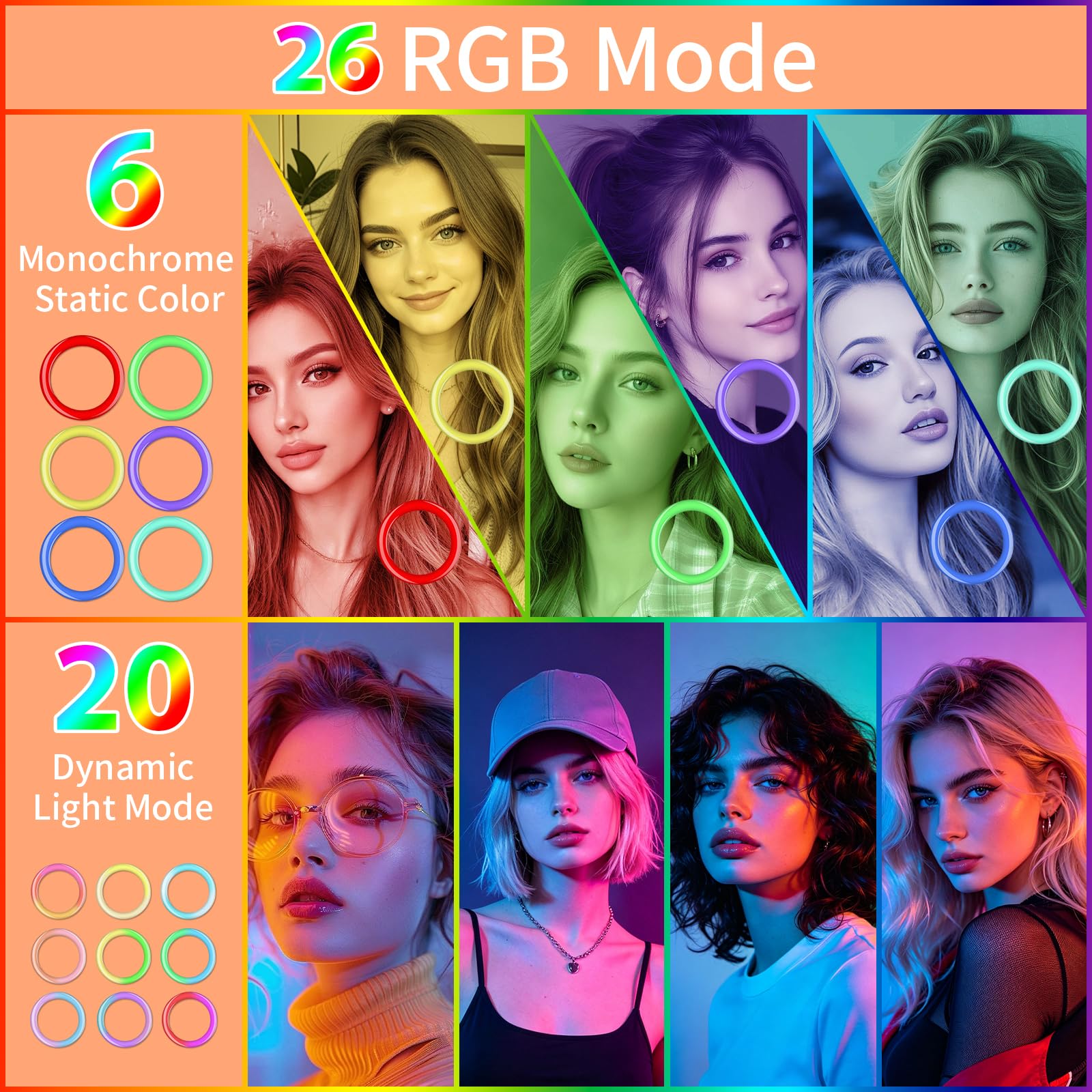 18 Zoll Ringlicht Groß mit Stativ Handy | 26 RGB-Modus Ring Light mit 3 Telefonhaltern, Dimmbar Ringleuchte für YouTube, TikTok, Streaming, Make-up, Kamera