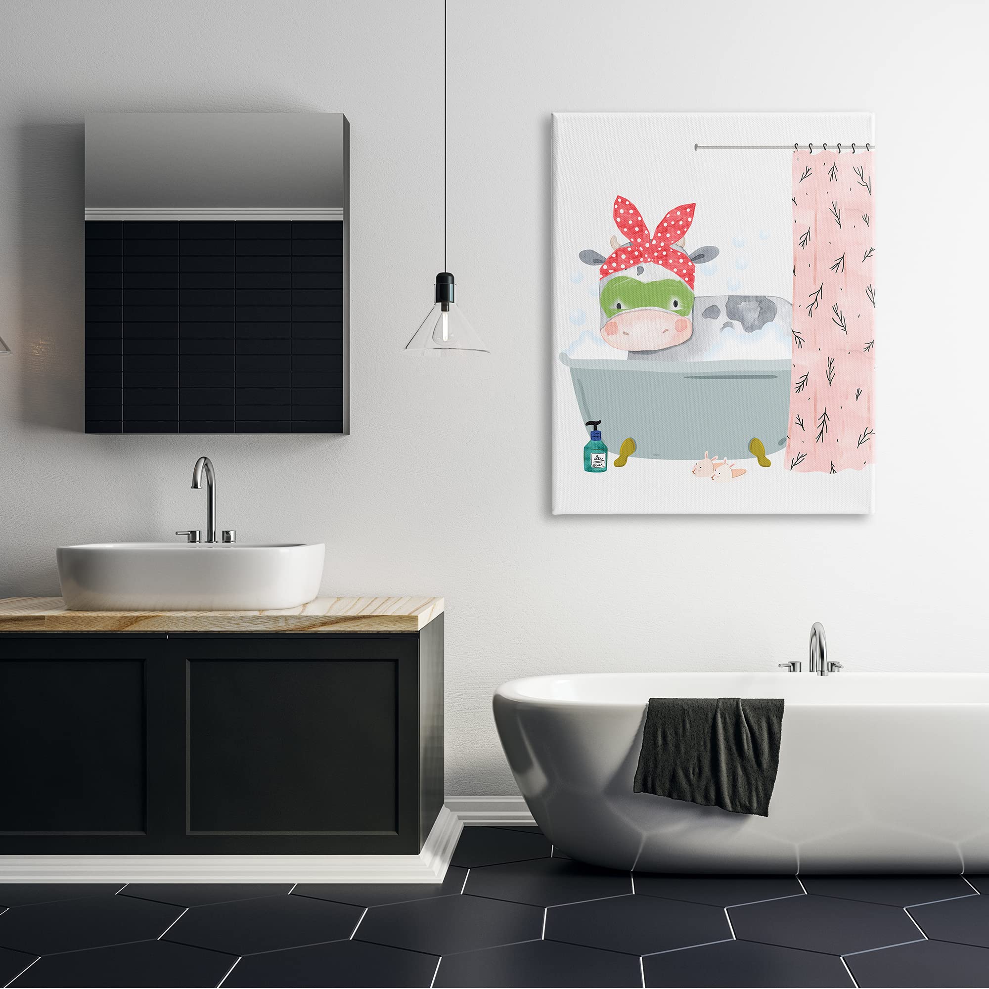 Stupell Industries Children's Farm Cow Bath Tub Bunny Slippers Bathroom Canvas Wall Art, Gallery Wrapped, White