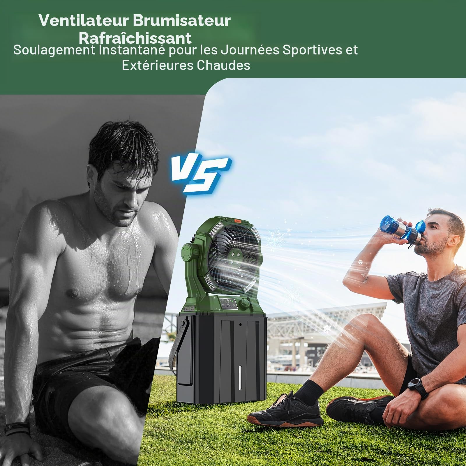Ventilateur brumisateur portable 6 L 20 000 mAh rechargeable avec lumière LED pour terrasse extérieure camping