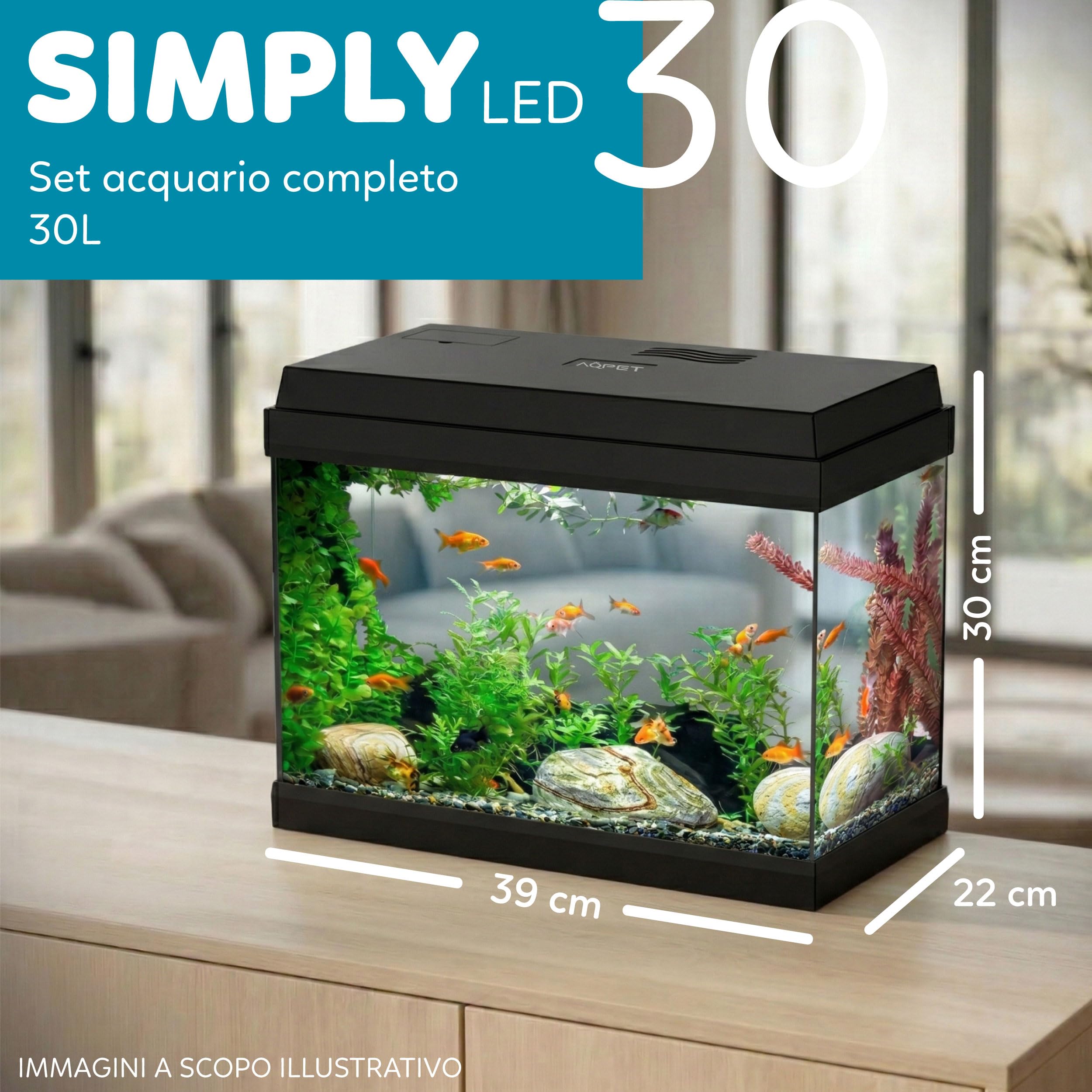 AQPET Acquario in Vetro per Pesci Tropicali Completo di Accessori Filtro Luce Simply, 30 39x22x30 cm 30 Litri