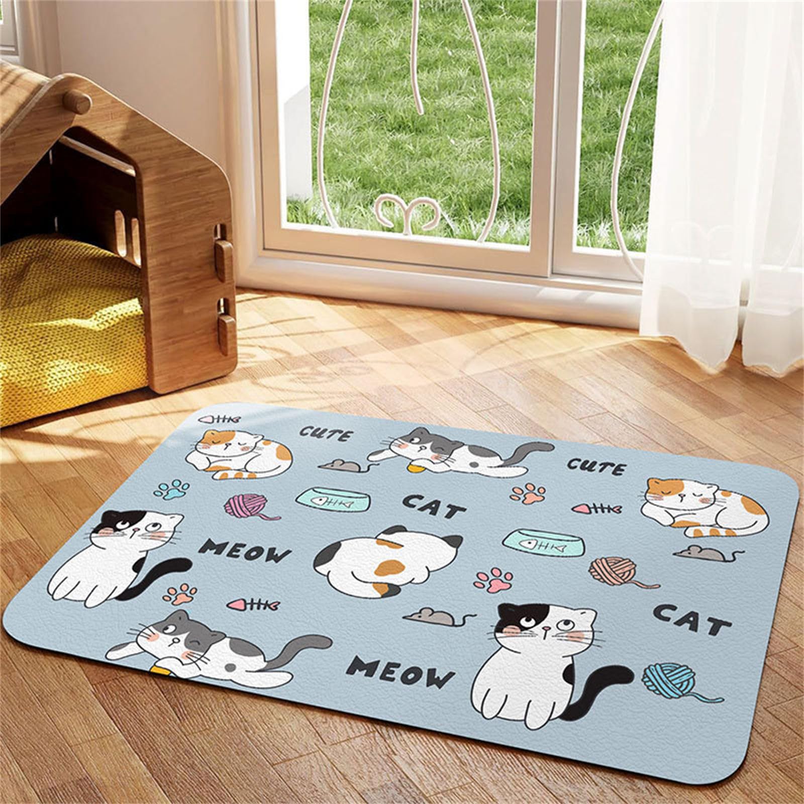 Hearda Absorbent Pet Food Mat, Pet Mats for Food Bowls Pet Feeding Mat Dog Bowl Mats Non Slip Quick Dry Water Dispenser Mat Dog Food Placemat Diatomite Cat Dog Feeding Mat (40x60cm,Cute Kitten J)