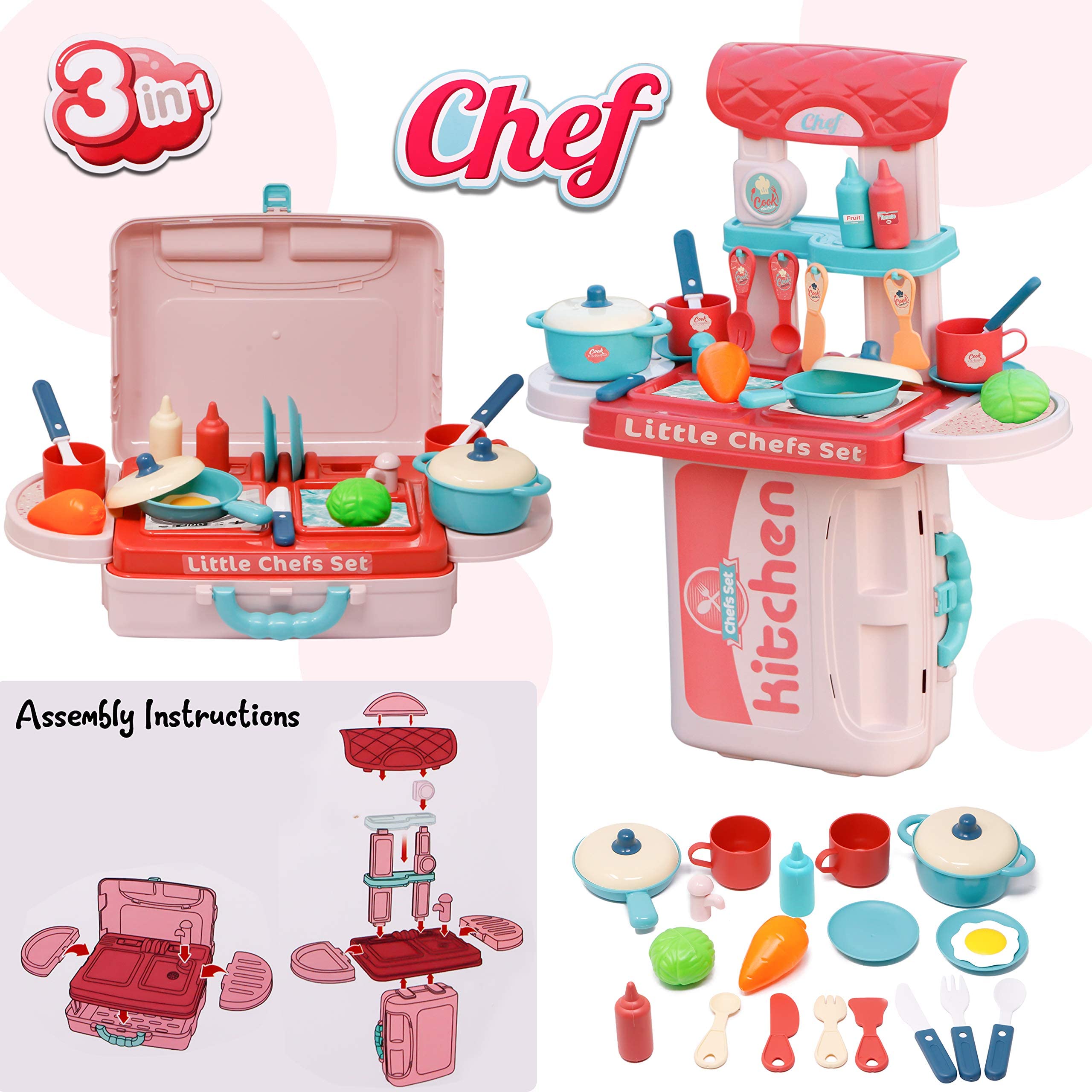 Zest 4 Toyz Kitchen Set for Girls 3-in-1 Portable Suitcase Toy Kitchen Cooking Set with Pots Utensils & Food Toy for Kids (19 Pieces) Role Play Home Game for Girls 4