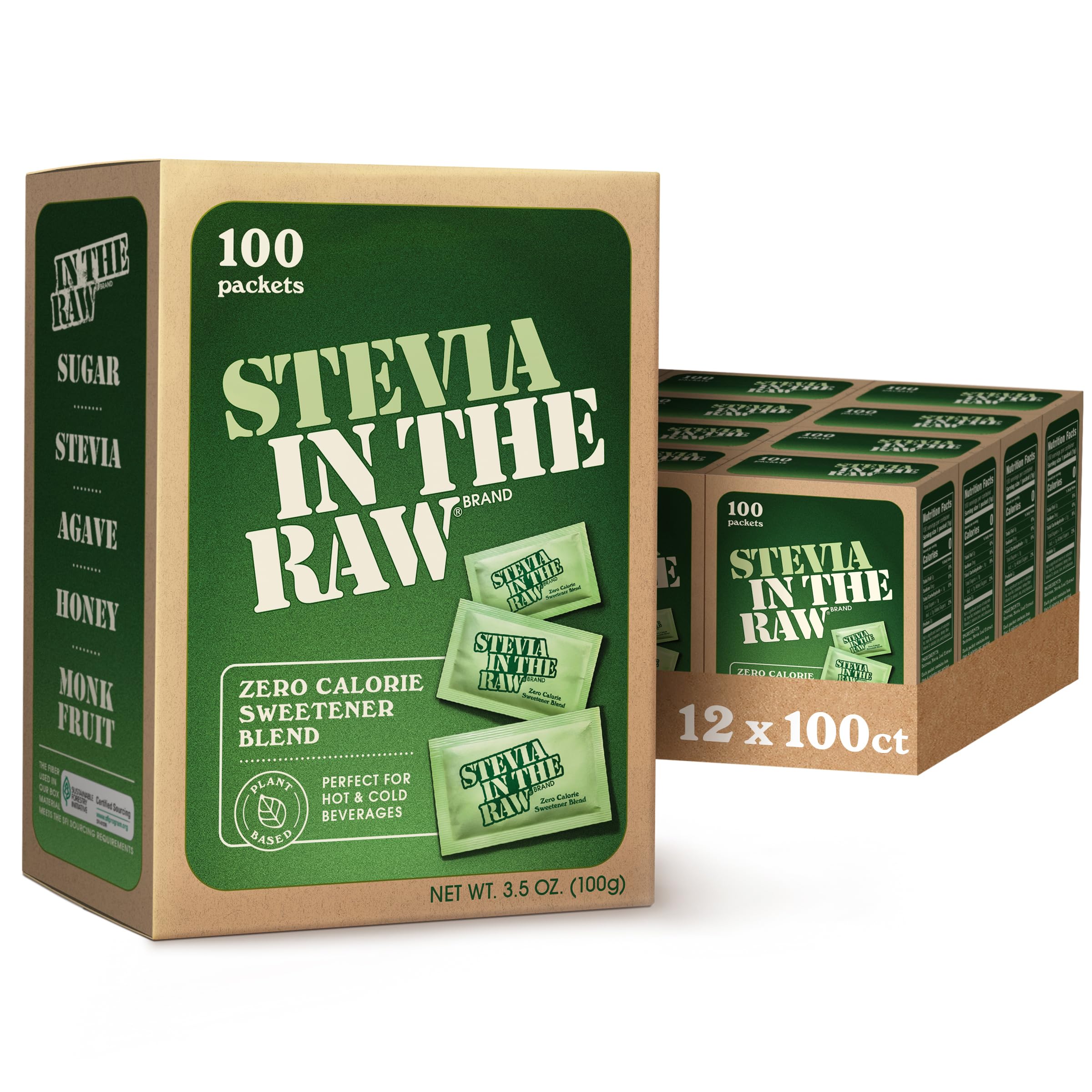 Stevia In The Raw Stevia Sweetener Packets, 100 Ct, Zero Calorie Stevia Sugar Substitute Packets, No Erythritol or Artificial Flavors, Vegan, Gluten Free, Kosher, Low Glycemic Index